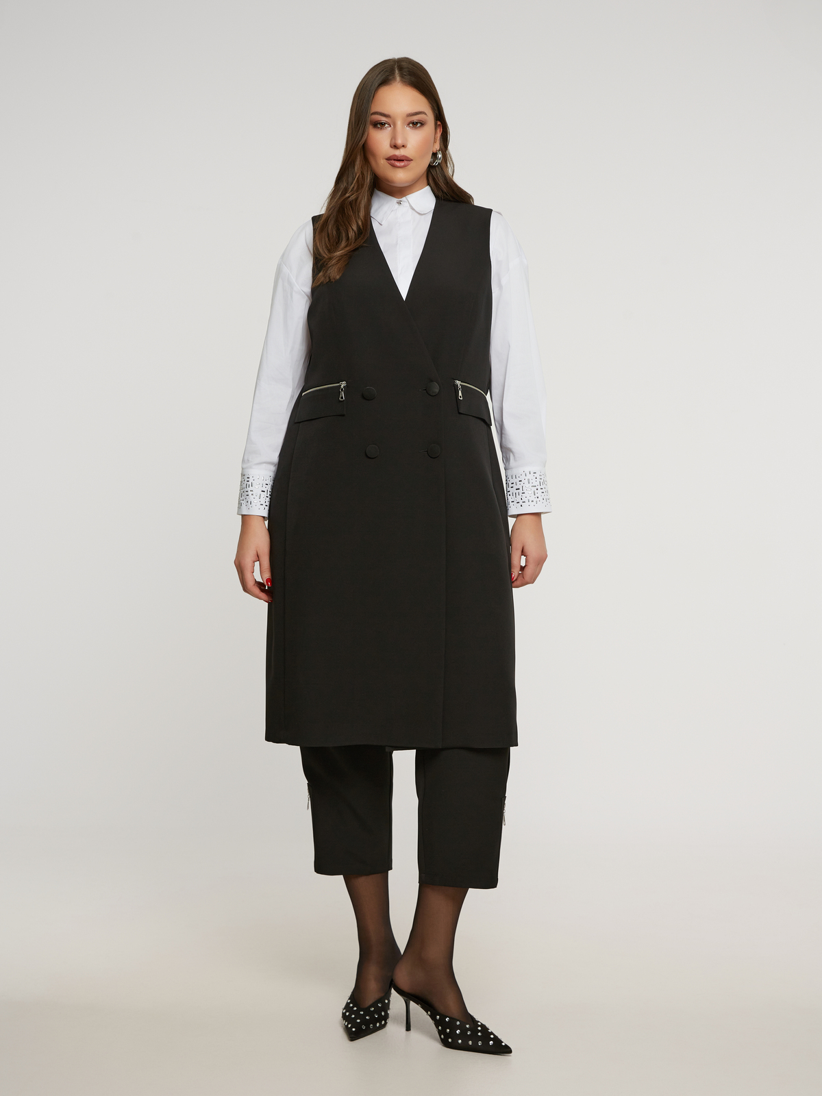 Μακρύ σταυρωτό γιλέκο με φερμουάρ φωτογραφία