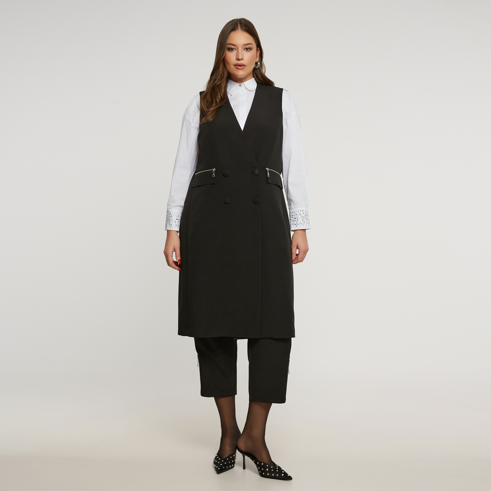 MAT FASHION Μακρύ σταυρωτό γιλέκο με φερμουάρ