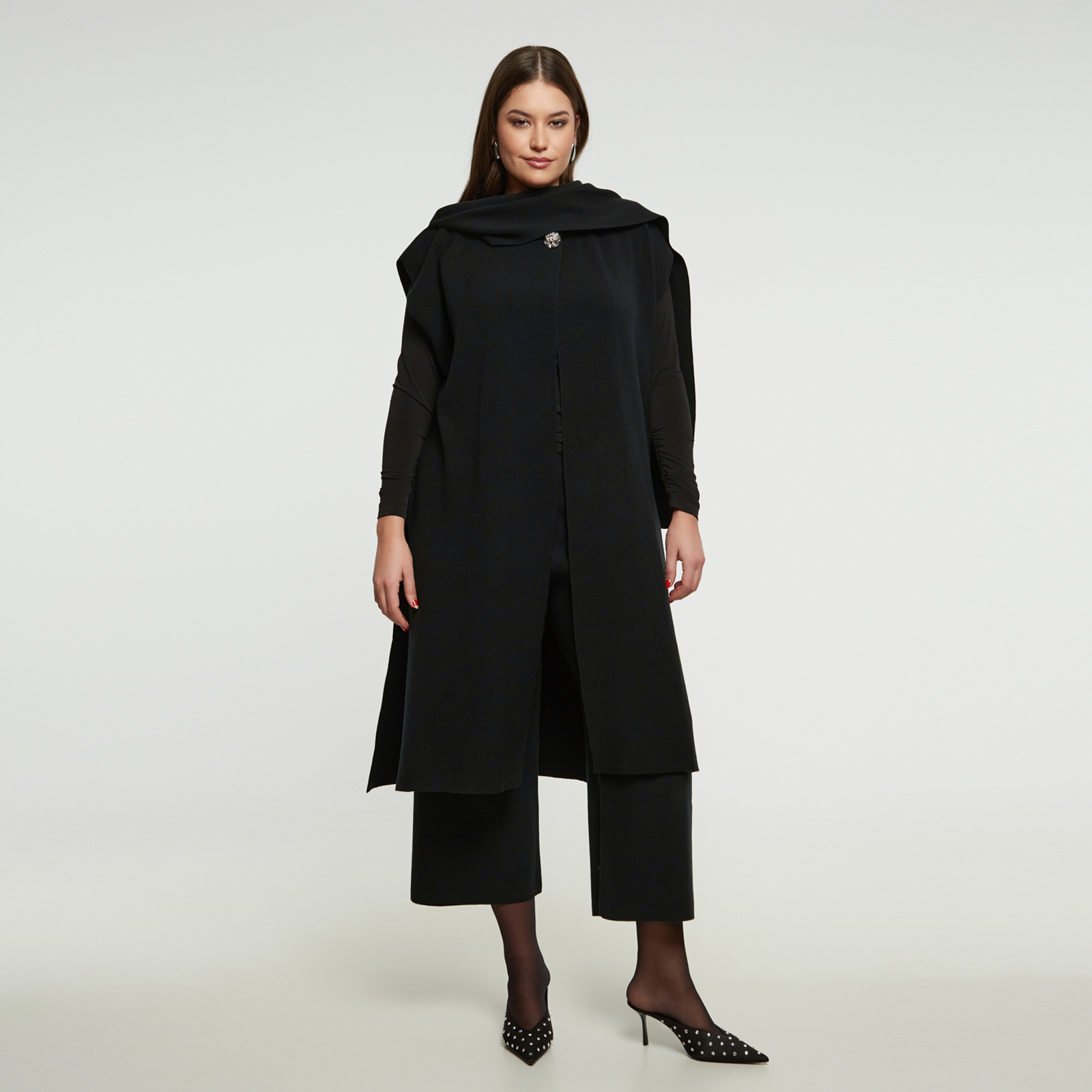 MAT FASHION Πλεκτή μακριά ζακέτα με ντραπέ γιακά και εντυπωσιακό κουμπί