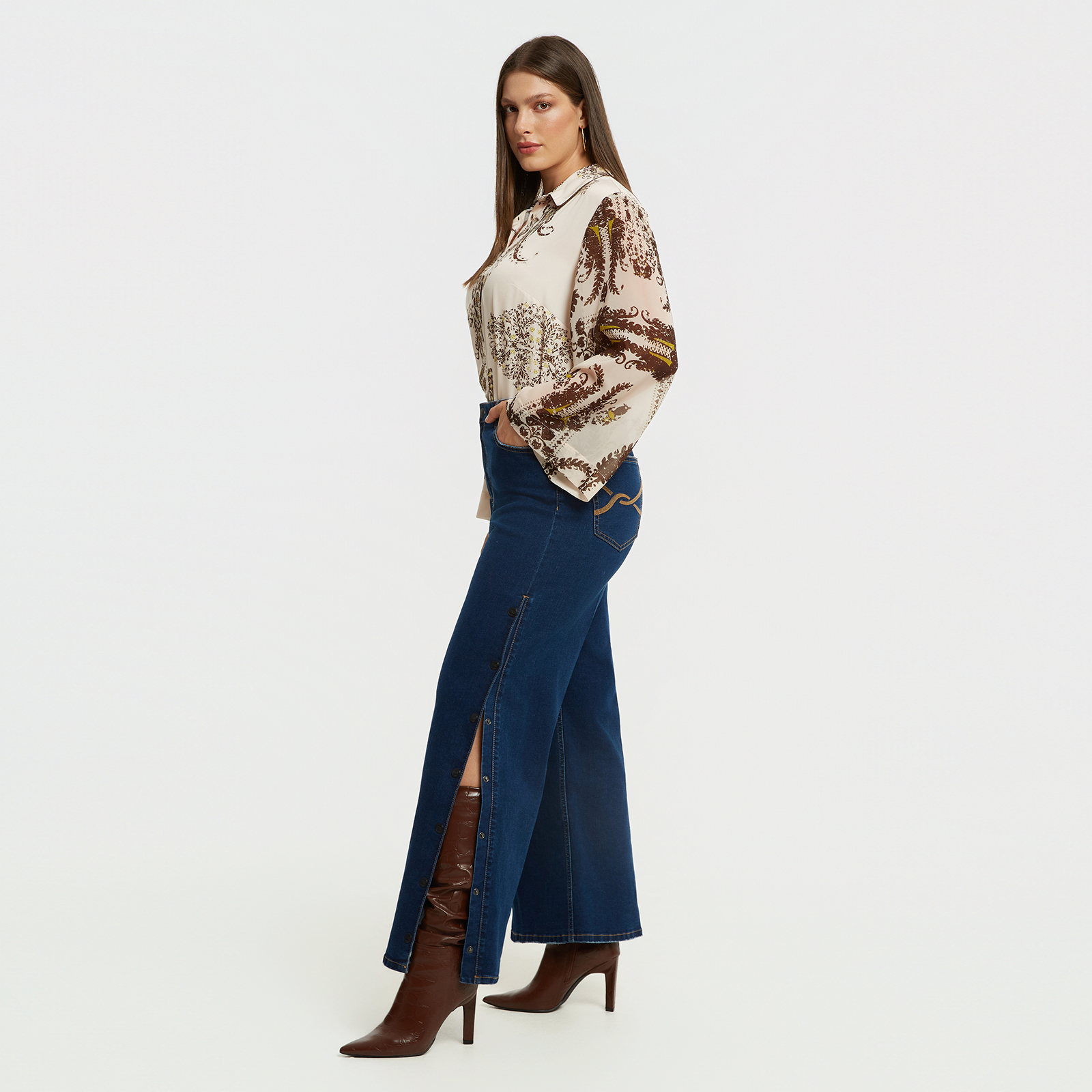 MAT FASHION Ψηλόμεσο τζιν παντελόνι καμπάνα με κουμπιά στο πλάι