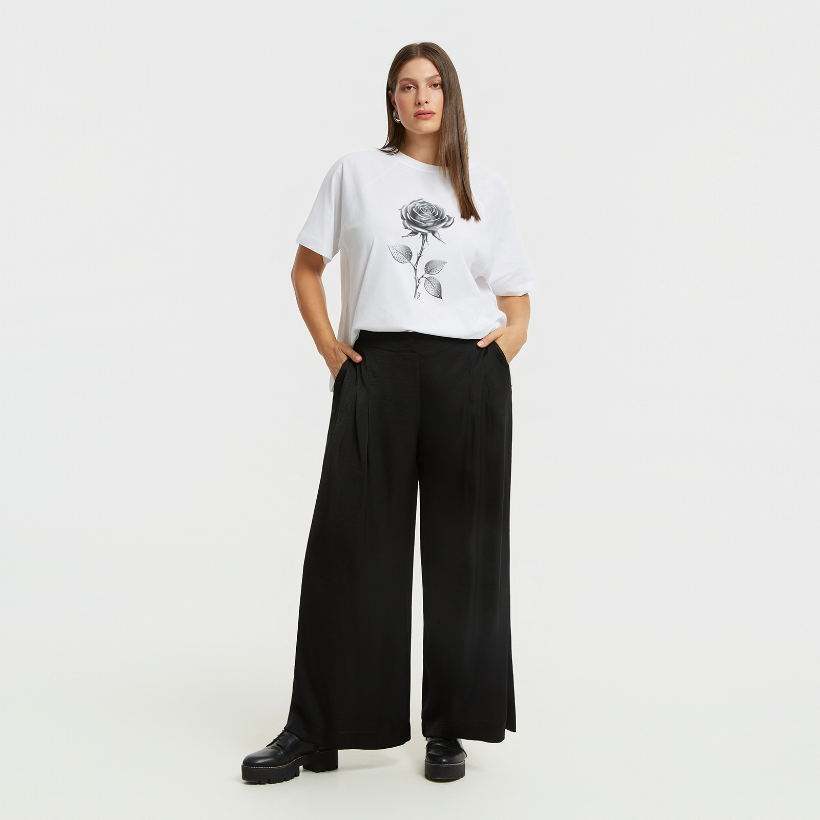 MAT FASHION Ψηλόμεση σατέν παντελόνα με πιέτες