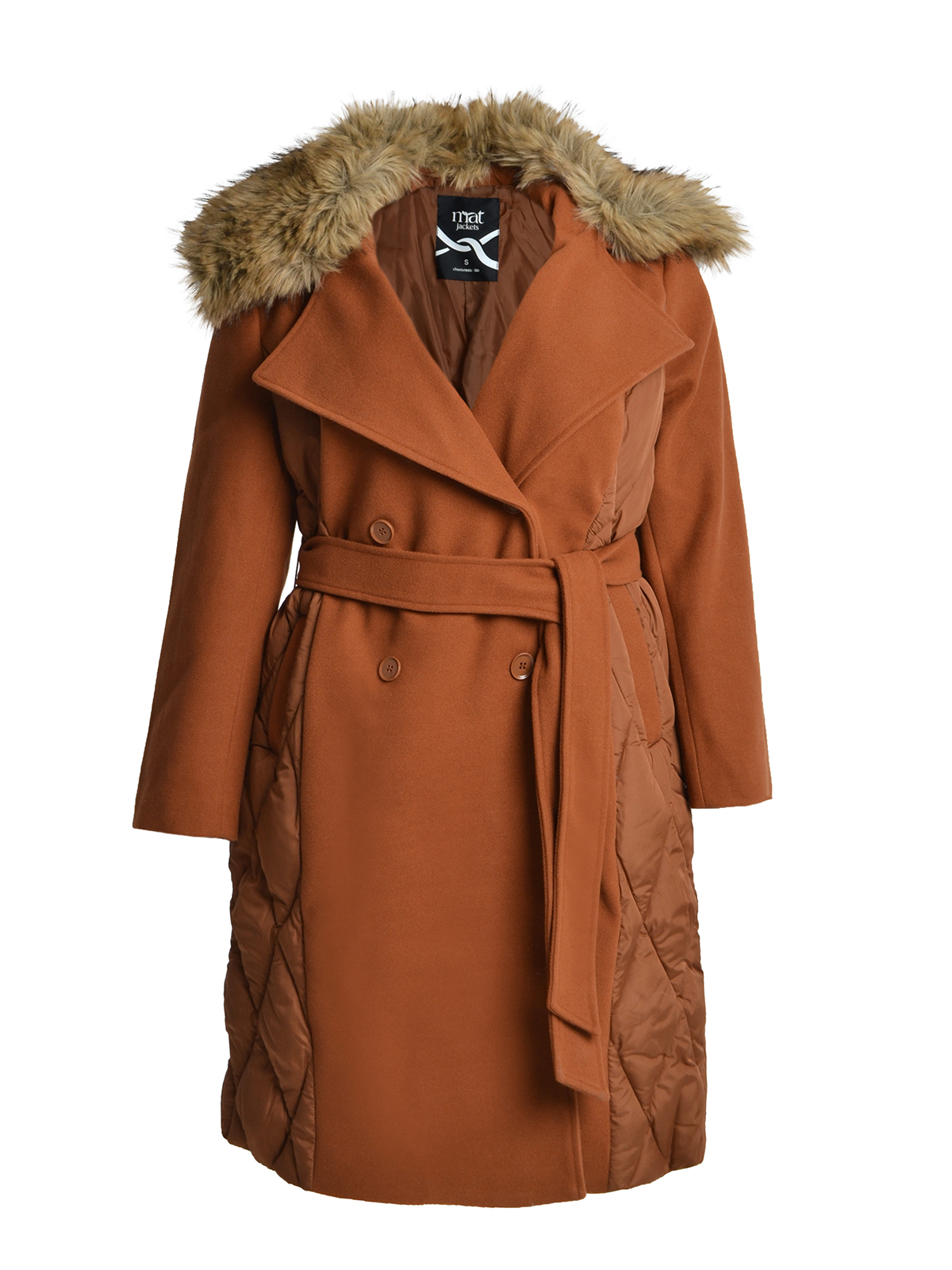 Μακρύ καπιτονέ παλτό με faux fur γιακά & ζώνη φωτογραφία