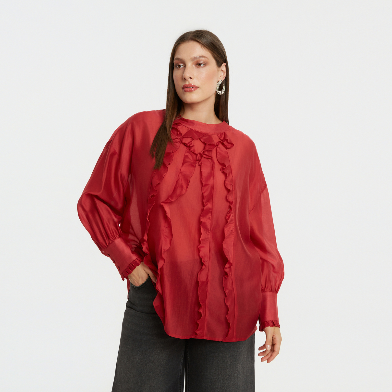 MAT FASHION Μακρυμάνικη μπλούζα με διακοσμητικά βολάν