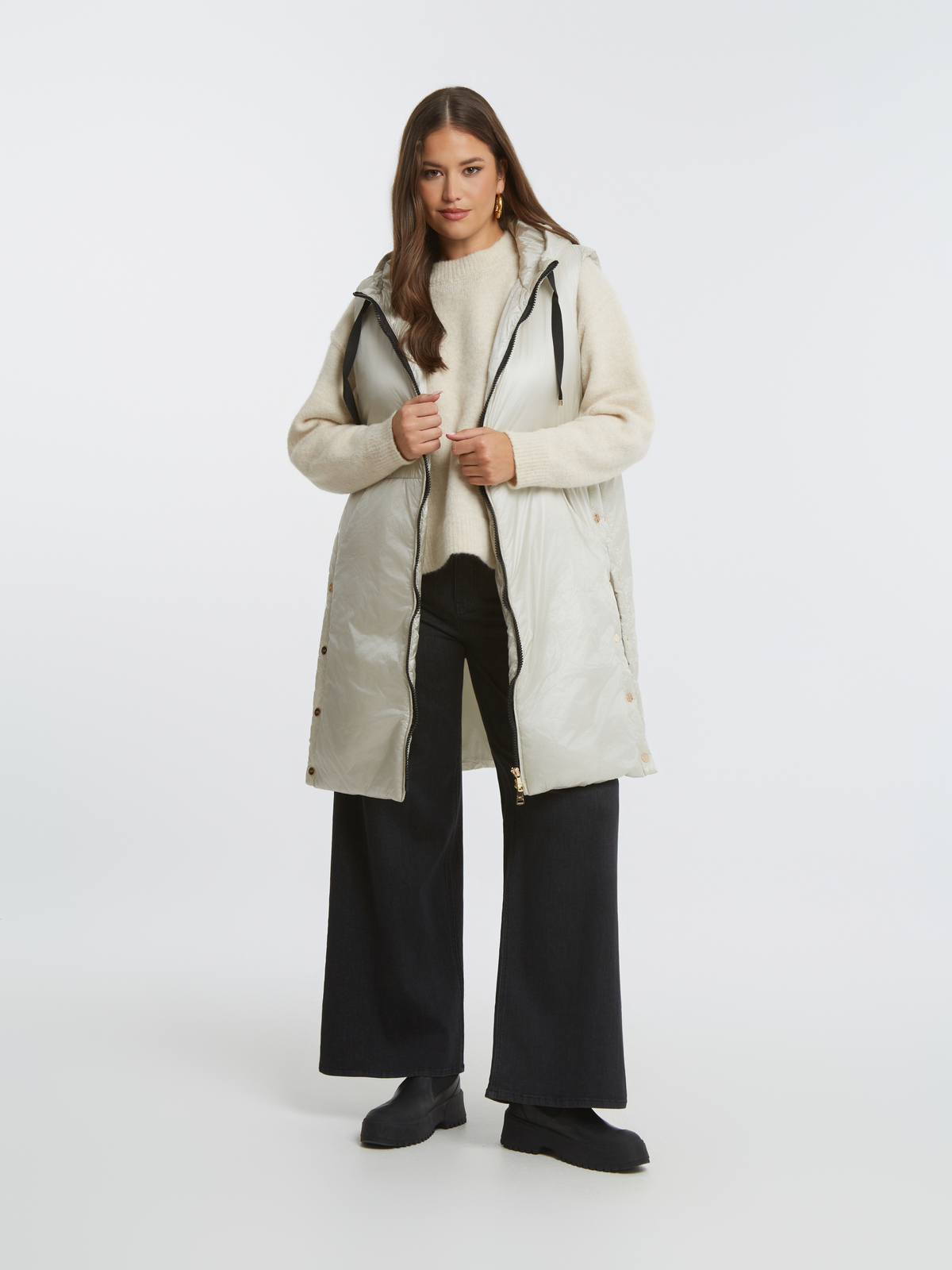 Μακρύ αμάνικο puffer γιλέκο με κουκούλα φωτογραφία