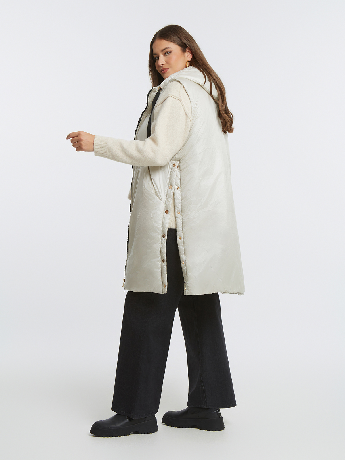 Μακρύ αμάνικο puffer γιλέκο με κουκούλα φωτογραφία