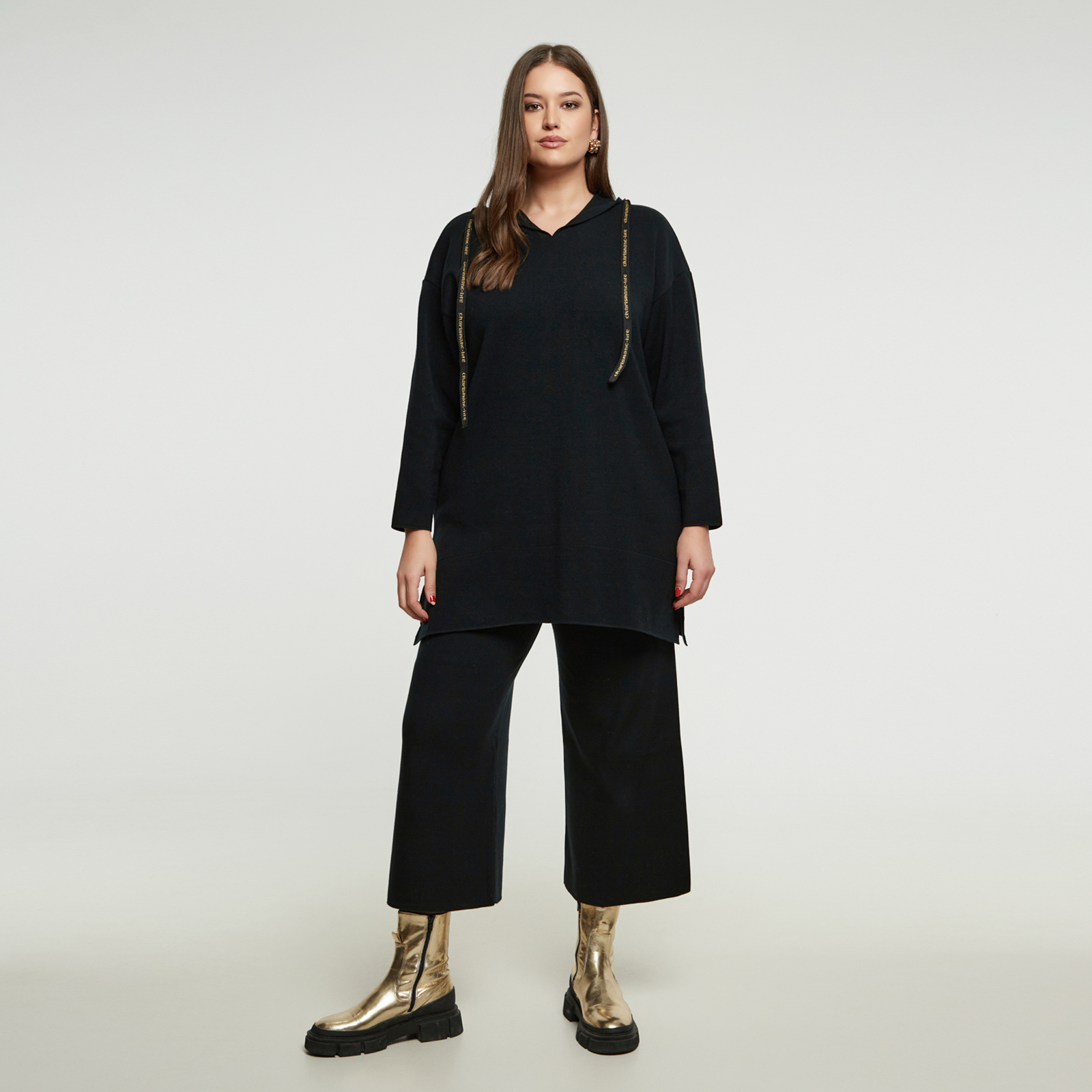 MAT FASHION Μακρύ πλεκτό φούτερ με κουκούλα