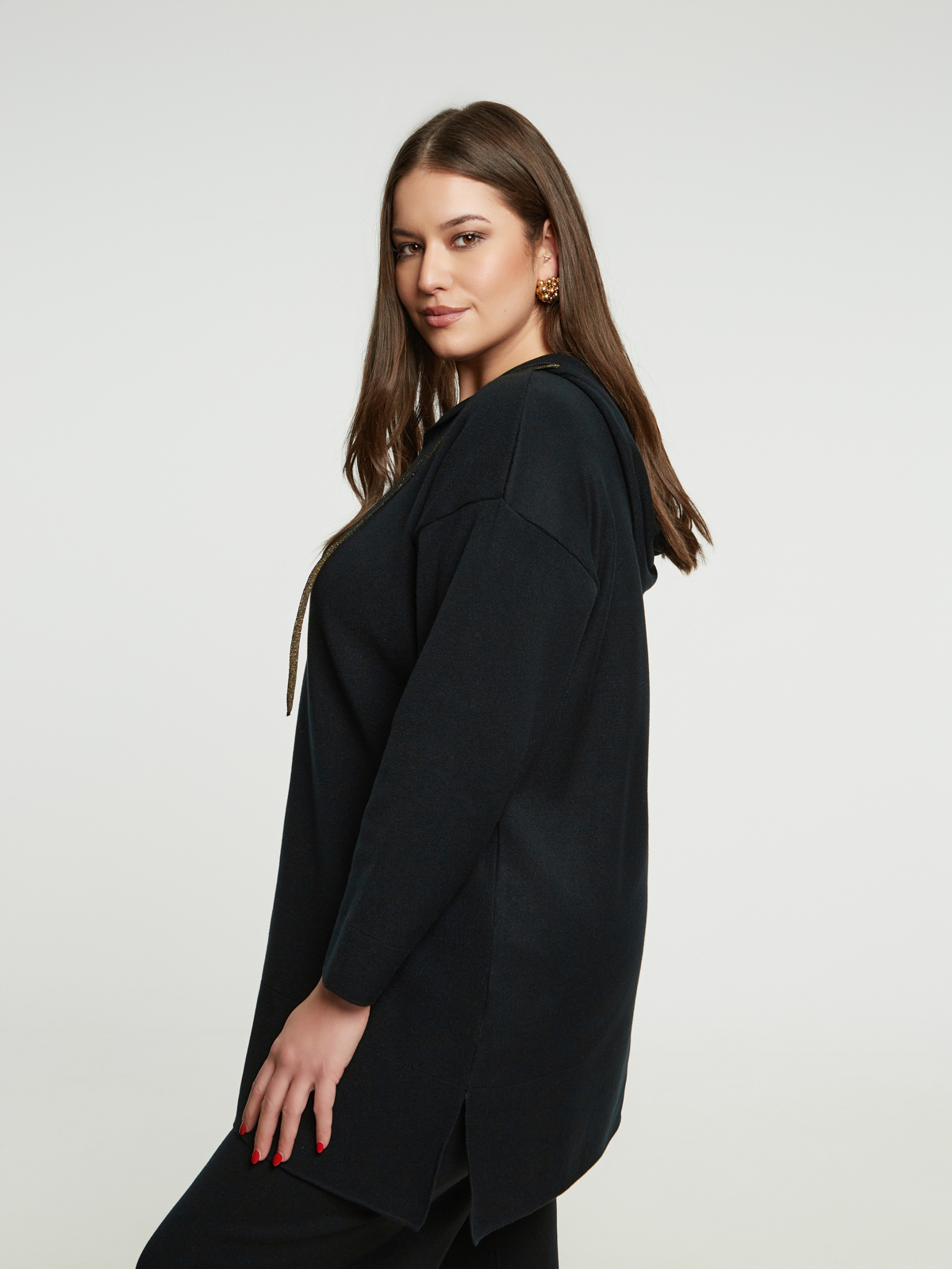 Μακρύ πλεκτό φούτερ με κουκούλα φωτογραφία