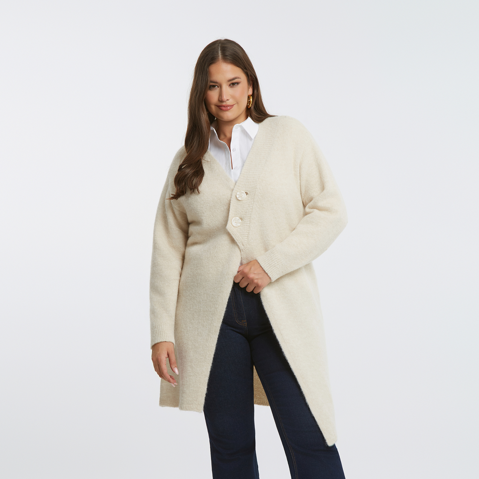 MAT FASHION Μακριά πλεκτή ζακέτα με ασύμμετρο κούμπωμα