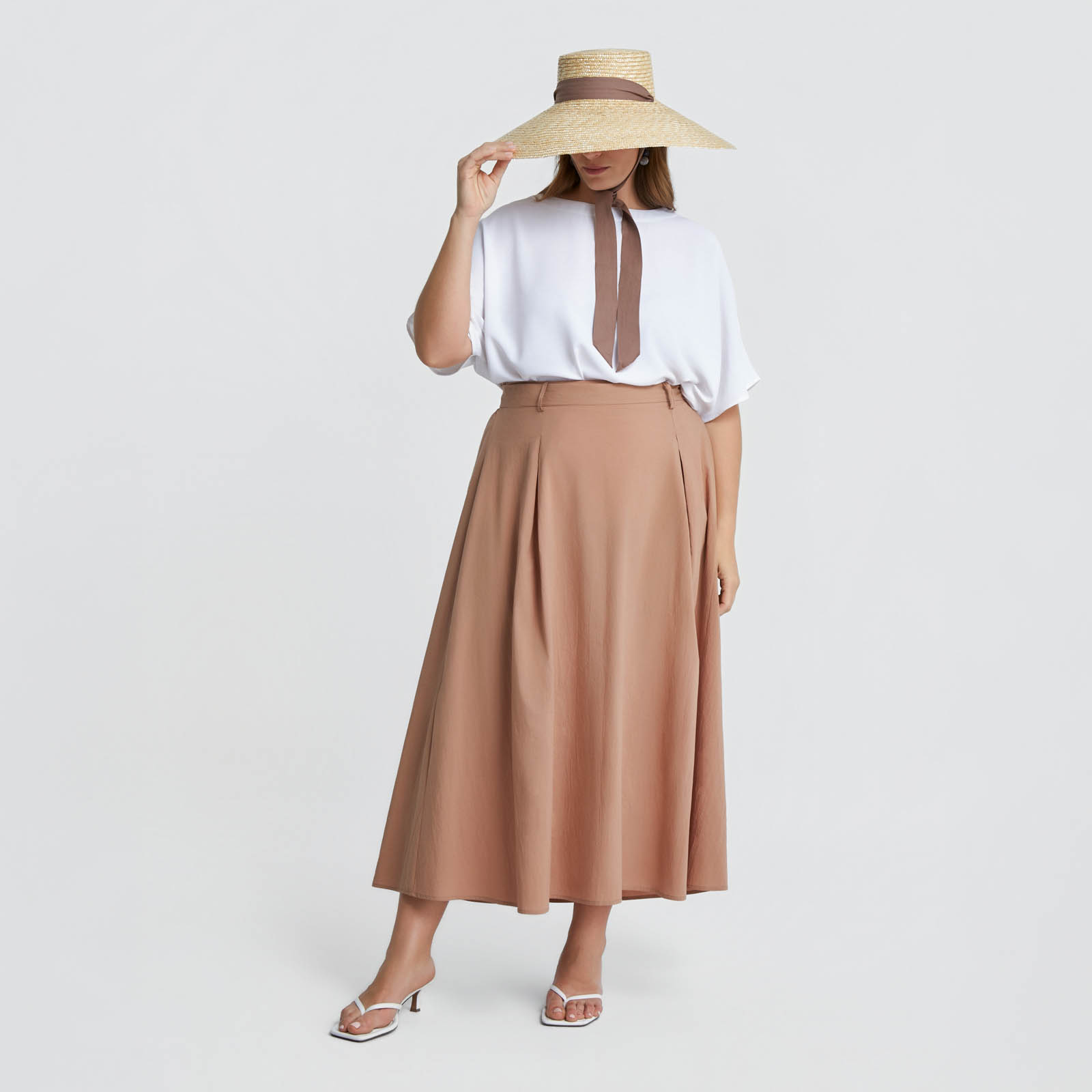 Maxi poplin A-line skirt with belted waist