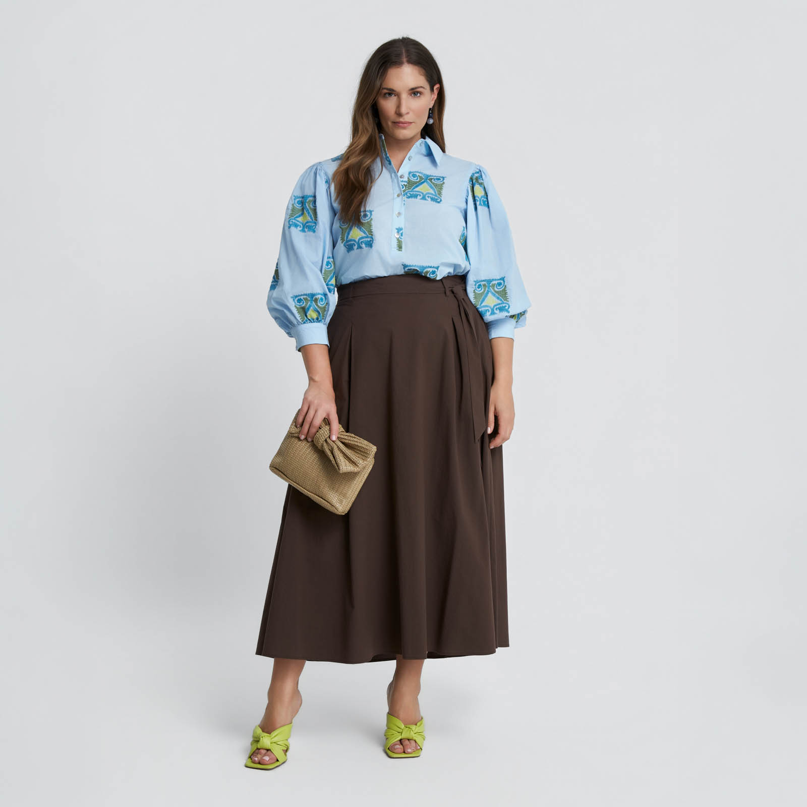 Maxi poplin A-line skirt with belted waist