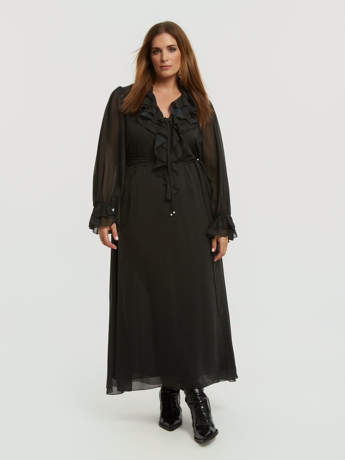 Maxi φόρεμα με βολάν και πουά μοτίβο φωτογραφία