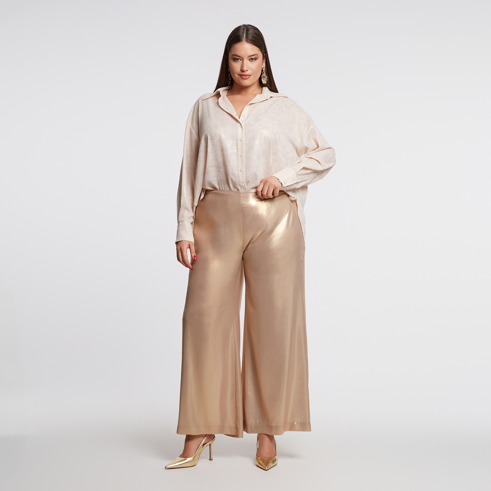 MAT FASHION Metallic gold παντελόνα με ελαστική μέση