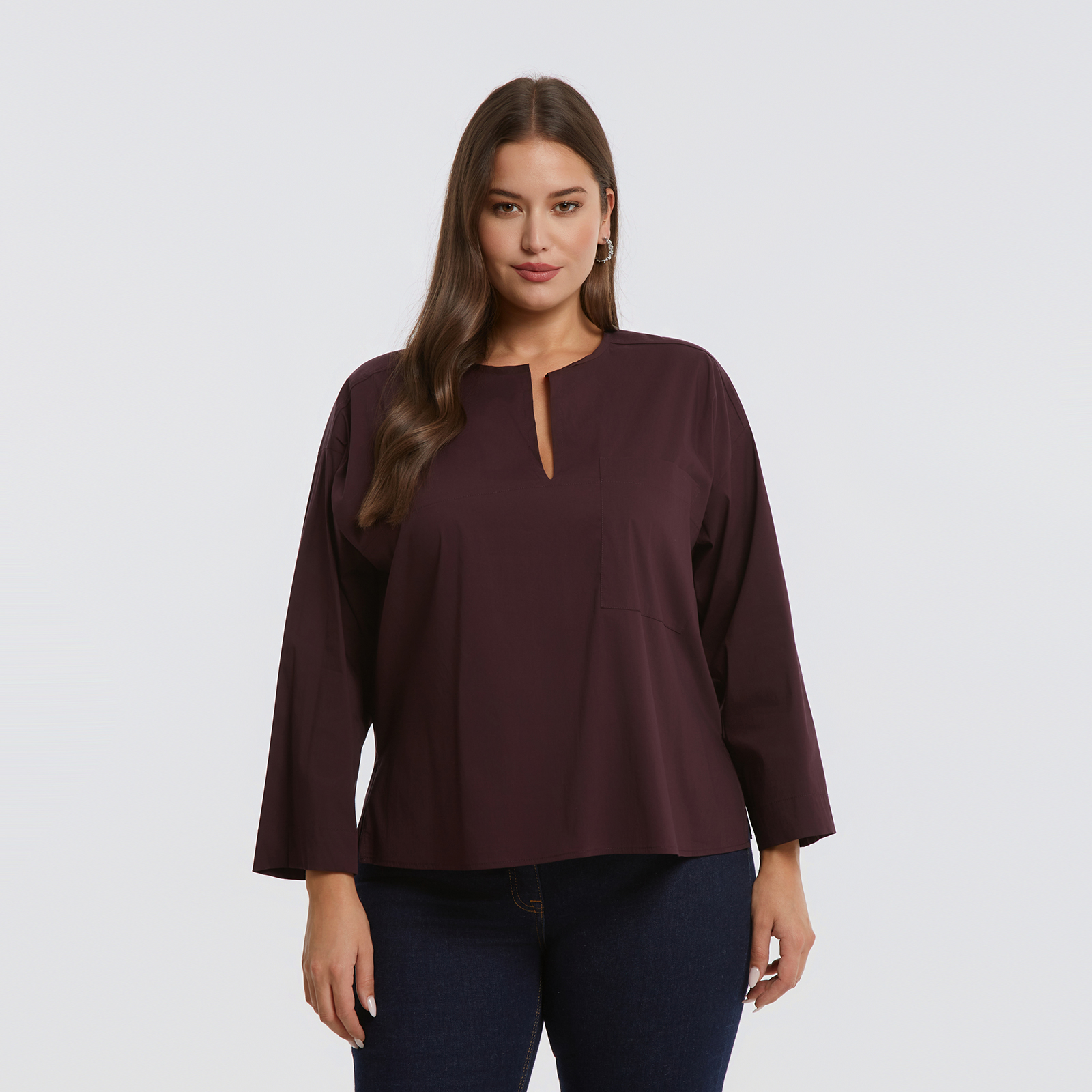 Minimal cotton blend blouse with chest pocket & modern neckline