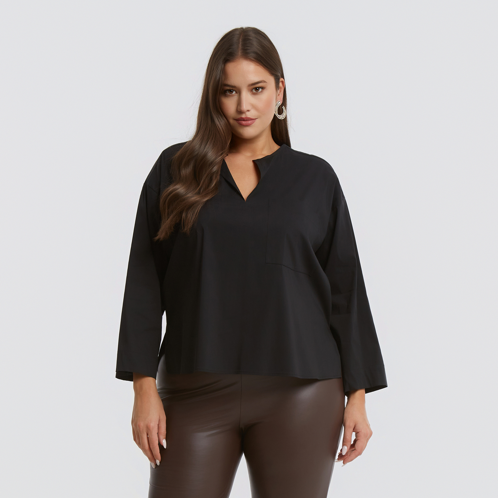 Minimal cotton blend blouse with chest pocket & modern neckline