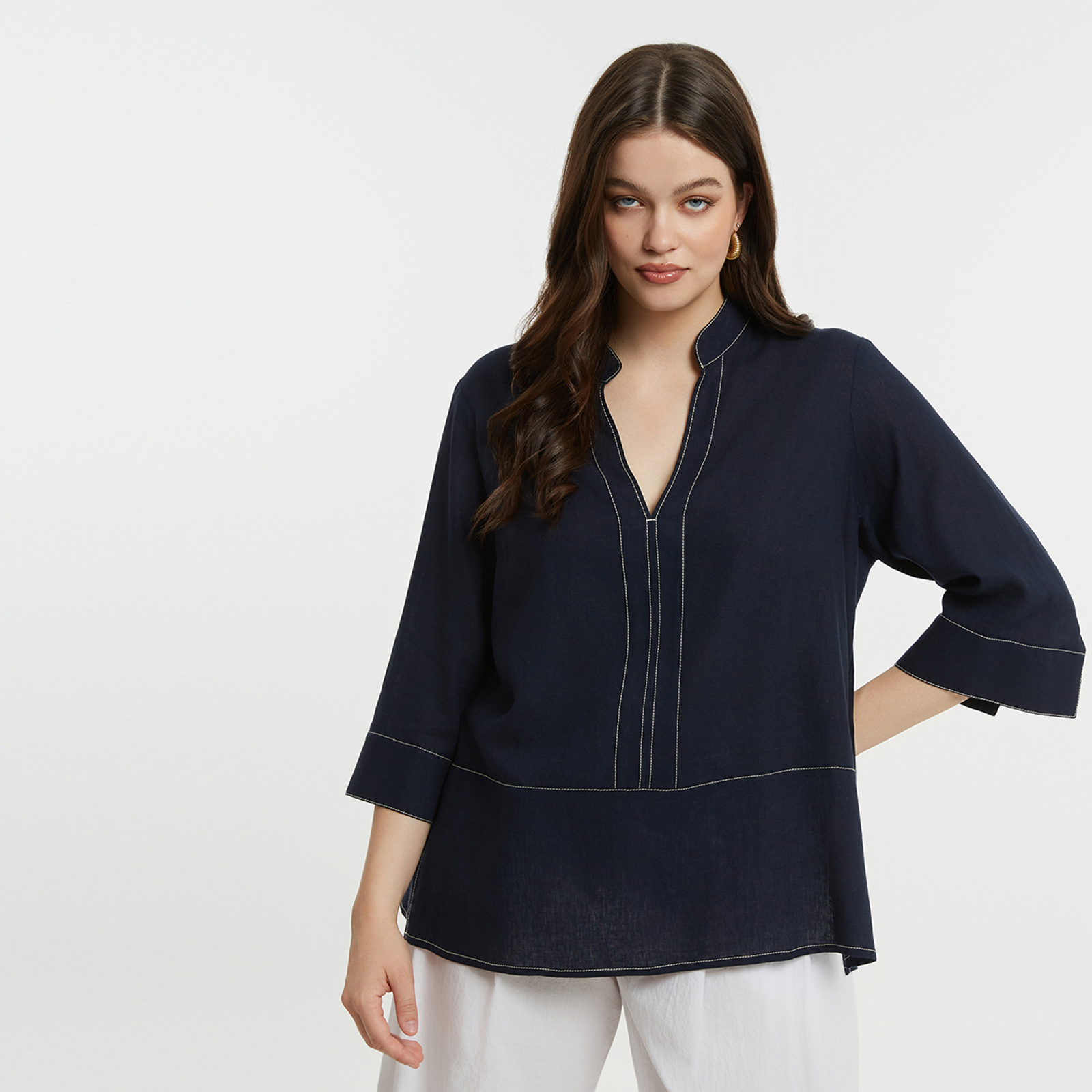 MAT FASHION Μπλούζα βισκόζη/λινό με μάο γιακά