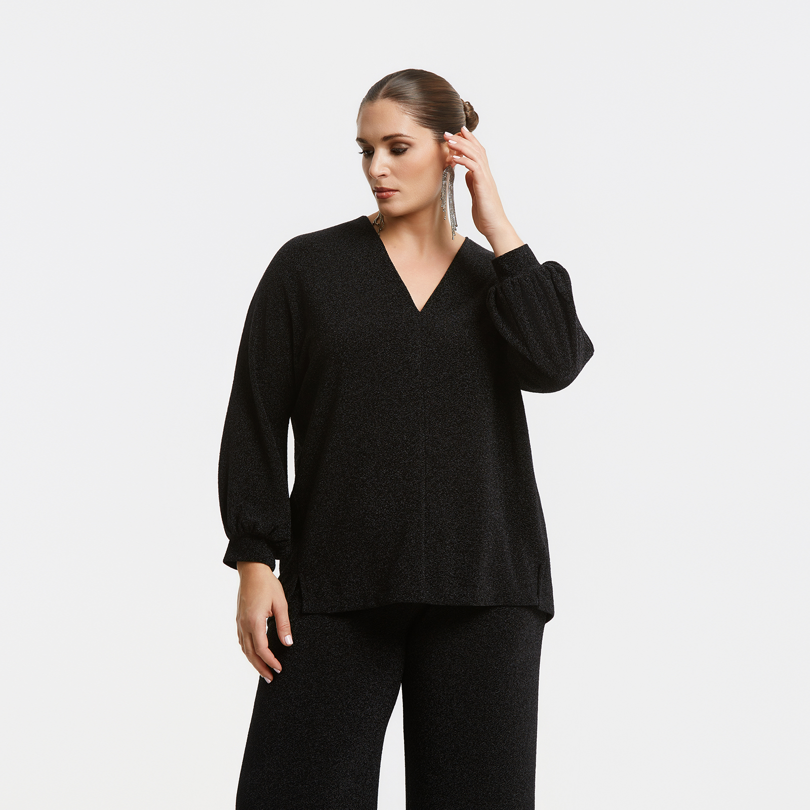 MAT FASHION Μπλούζα lurex με V-λαιμόκοψη και μακριά μανίκια