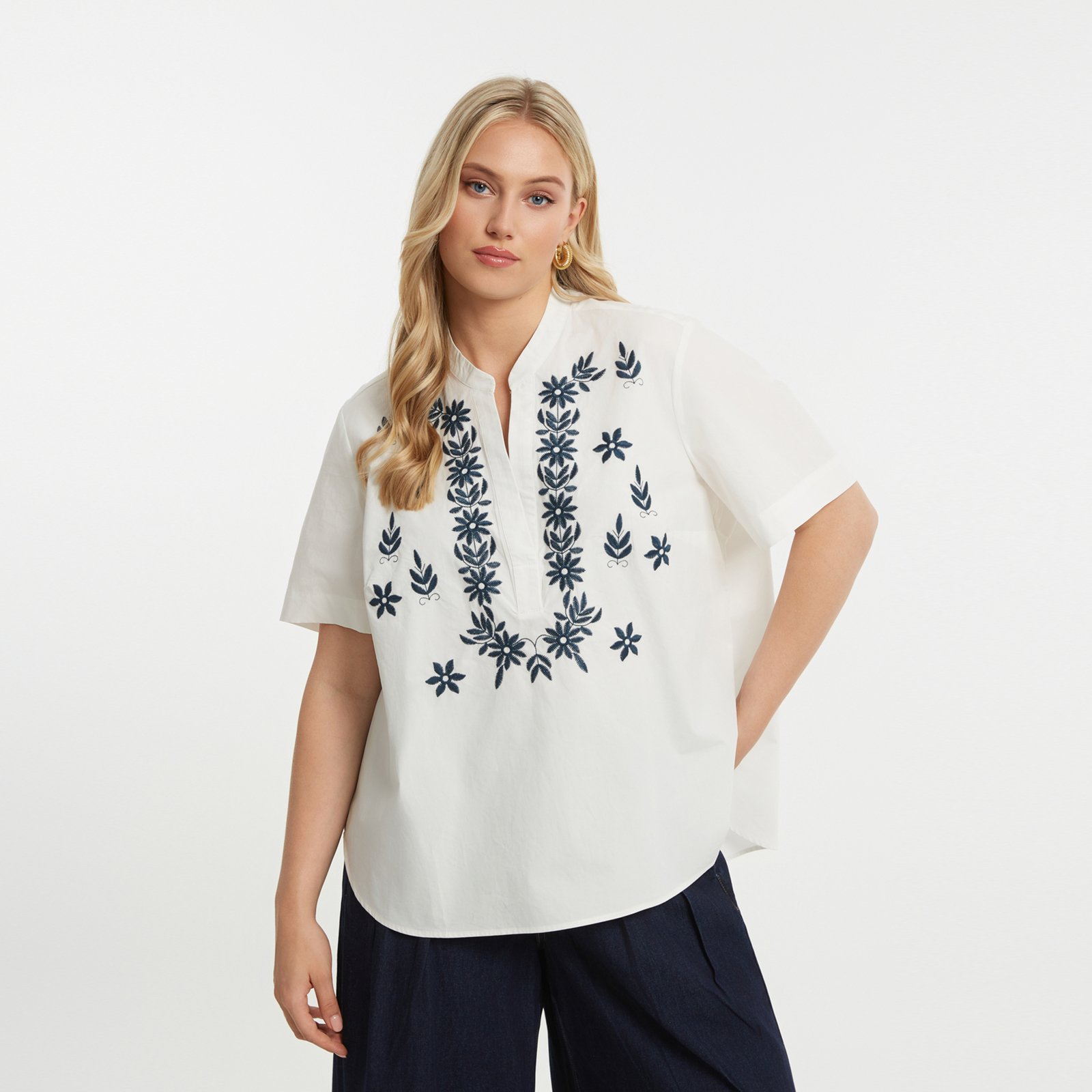 Embroidered cotton V-neck blouse