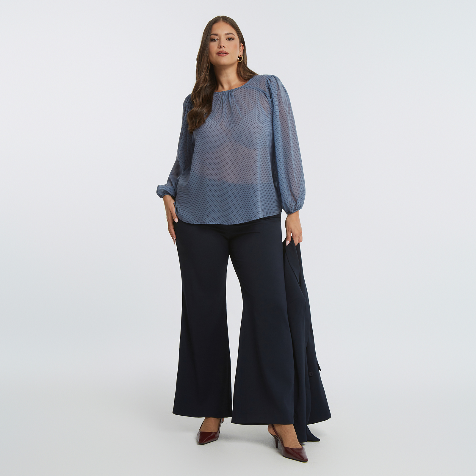 Sheer polka-dot chiffon blouse with balloon sleeves