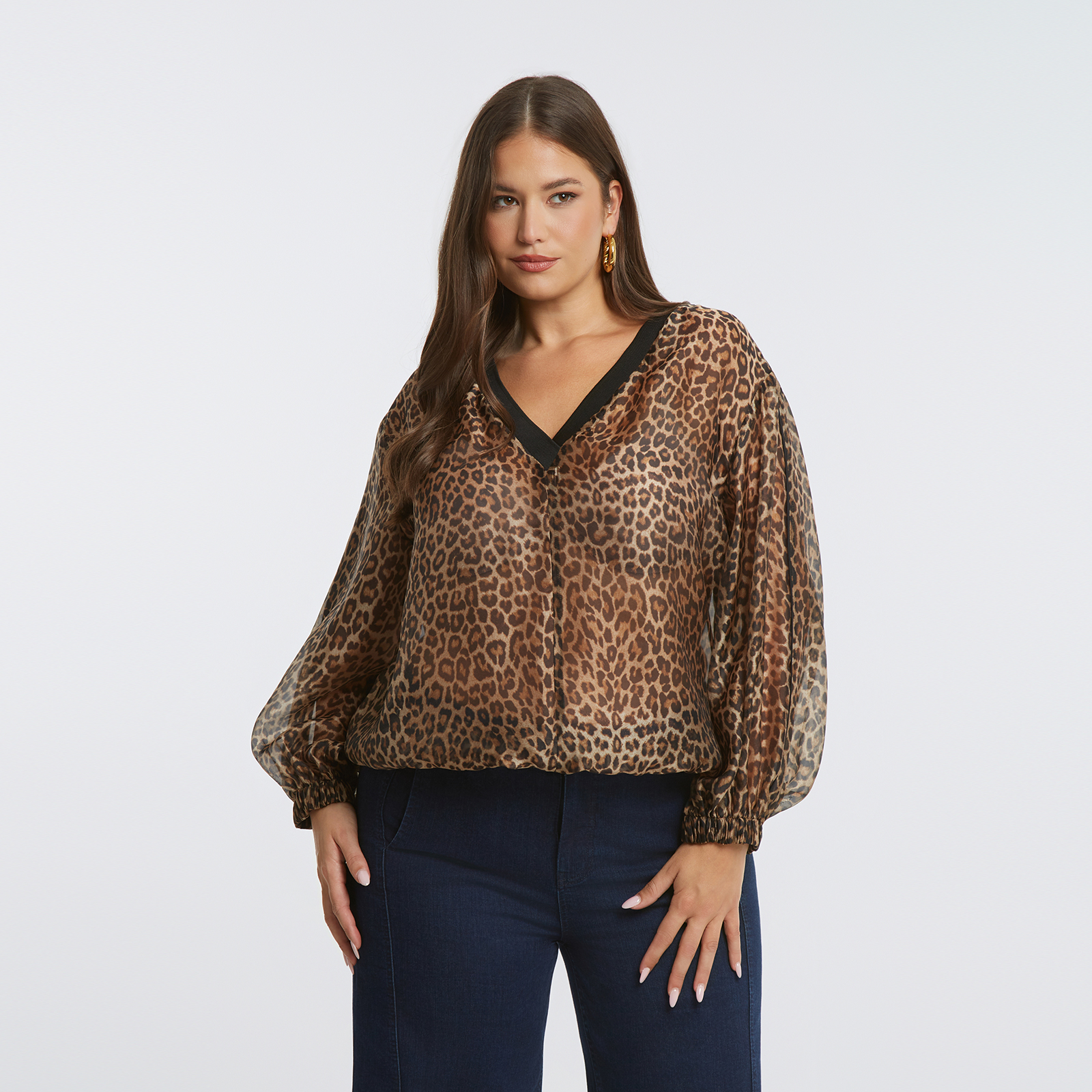 Semi-sheer leopard print blouse with V-neckline