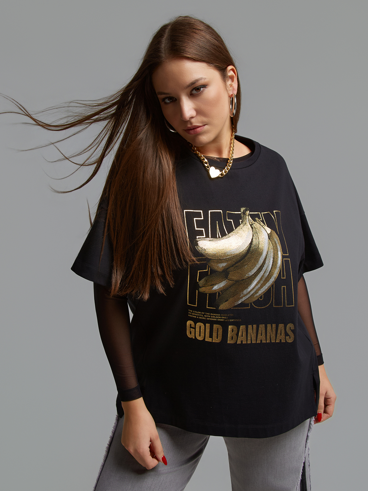 Βαμβακερό t-shirt με μεταλλιζέ banana print