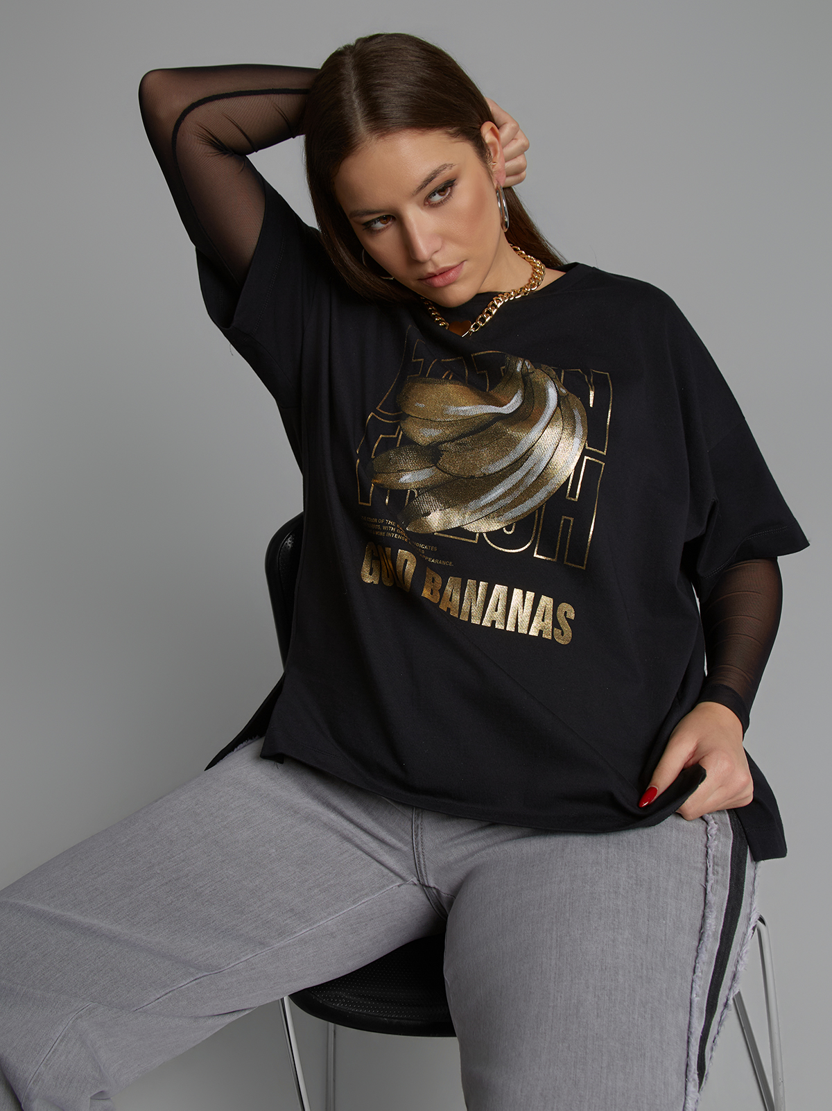 Βαμβακερό t-shirt με μεταλλιζέ banana print
