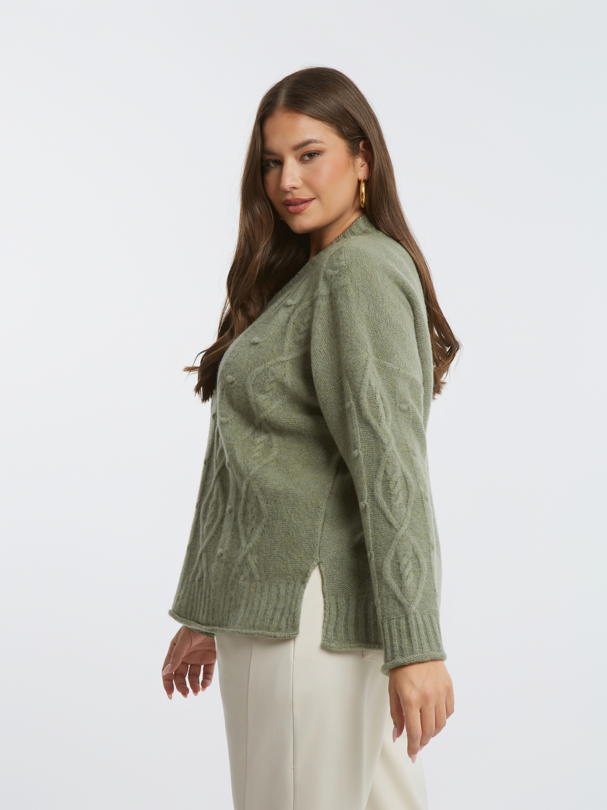 Πλεκτή μπλούζα με V με μοτίβο κοτσίδα φωτογραφία