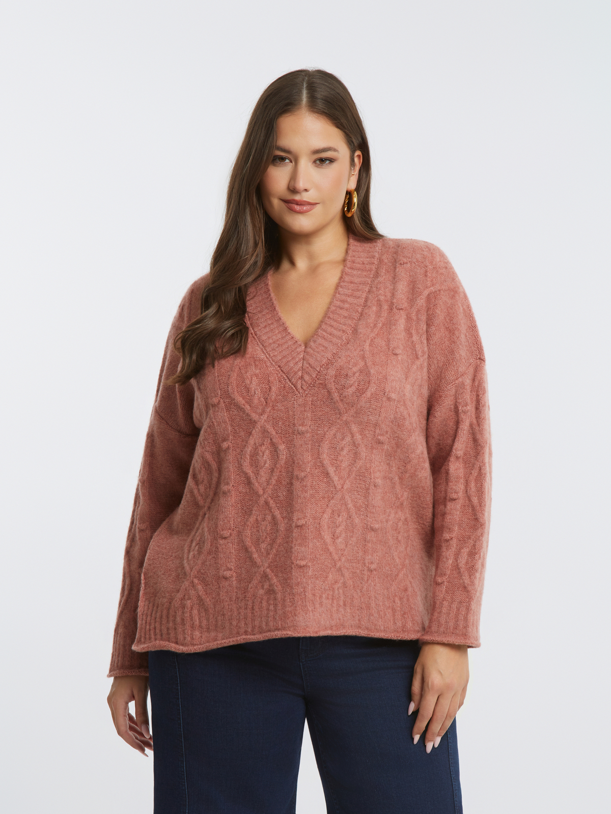 Πλεκτή μπλούζα με V με μοτίβο κοτσίδα φωτογραφία