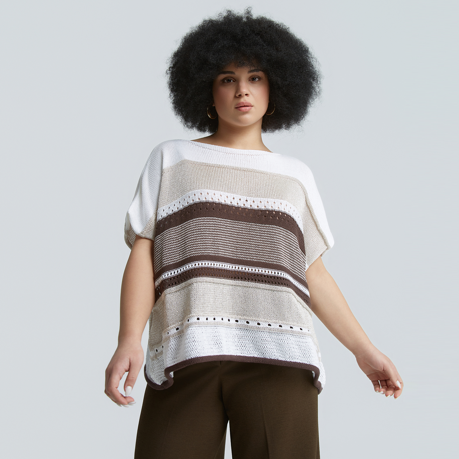 Color-block knit top with openwork details