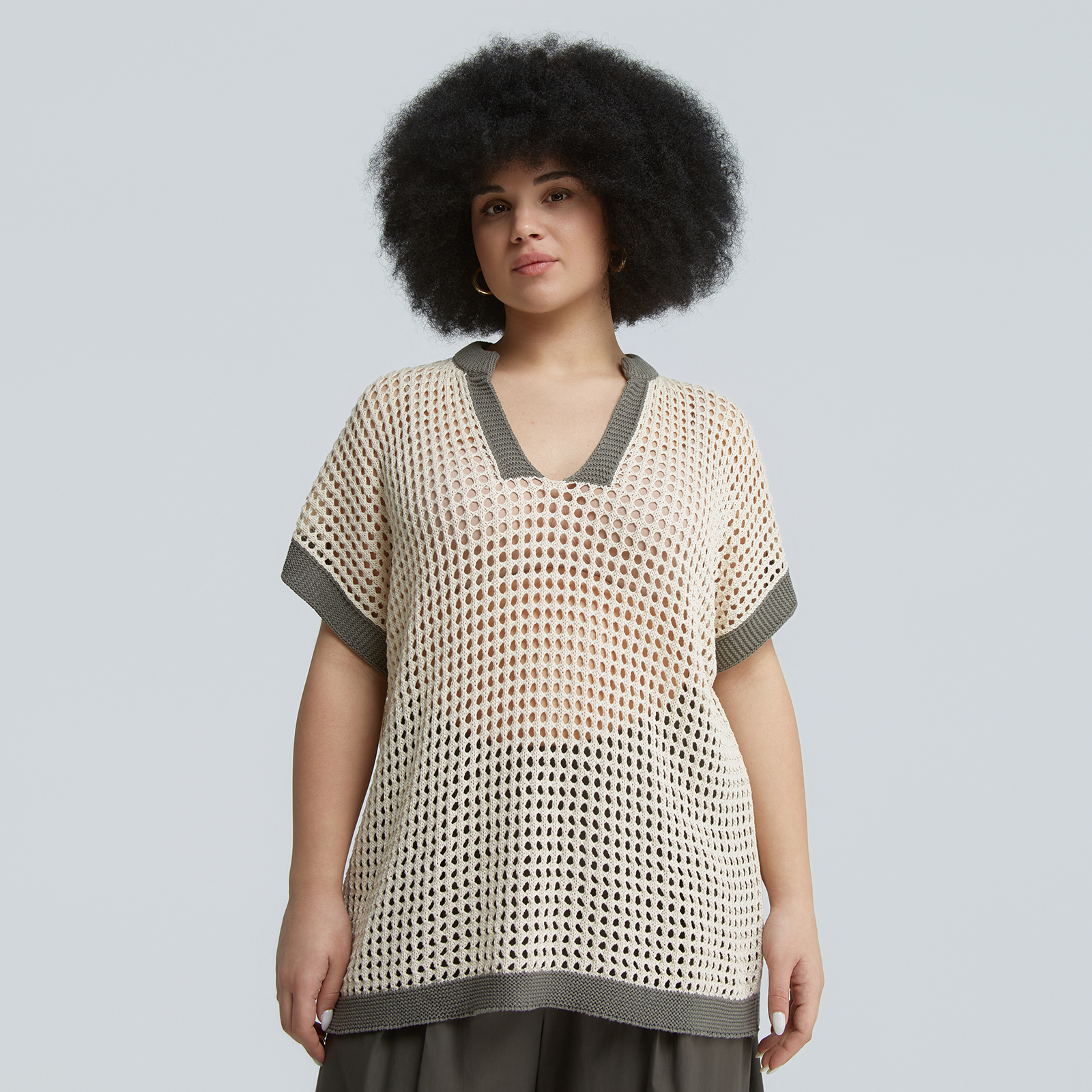 Open-knit short-sleeve top with V-neckline