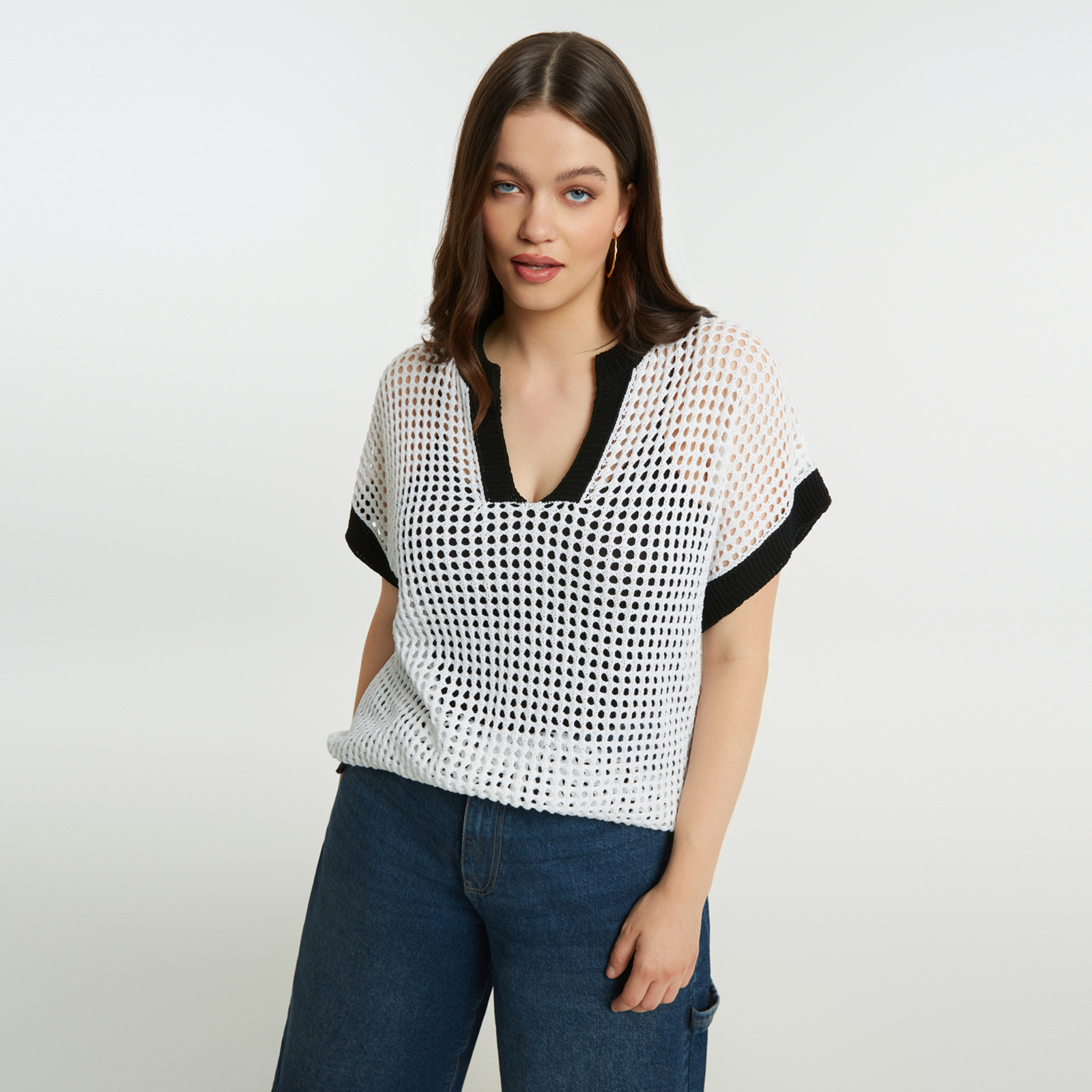 Open-knit short-sleeve top with V-neckline