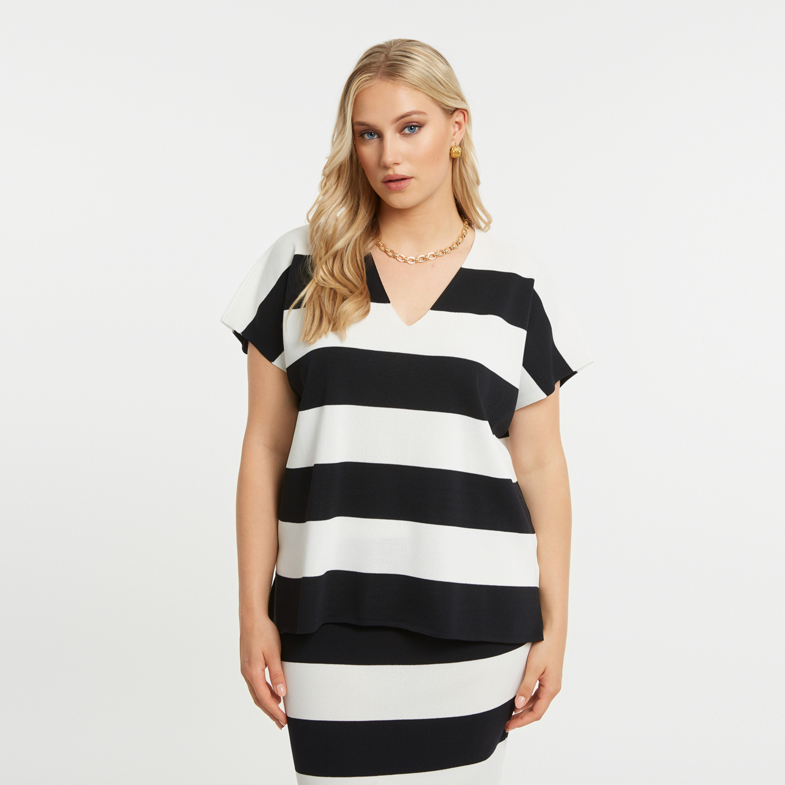 Striped knit short-sleeve V-neck top