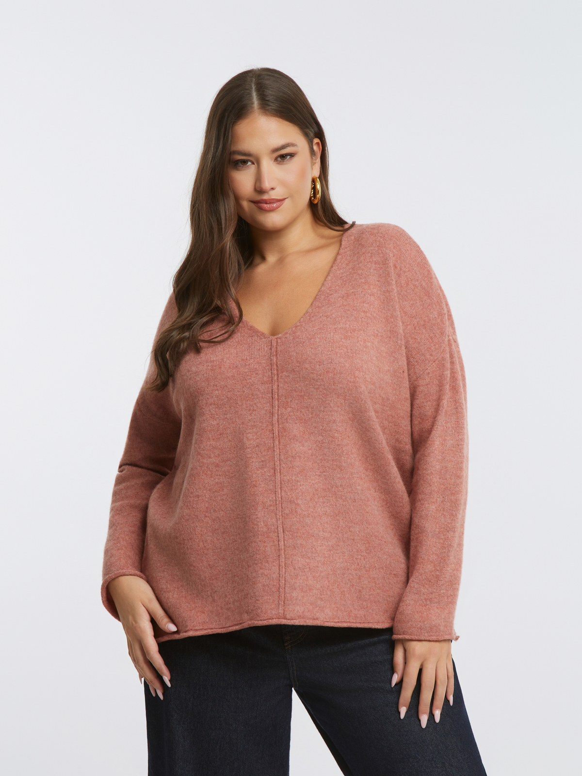 Πλεκτή μπλούζα με V-λαιμόκοψη και χαλαρή γραμμή φωτογραφία