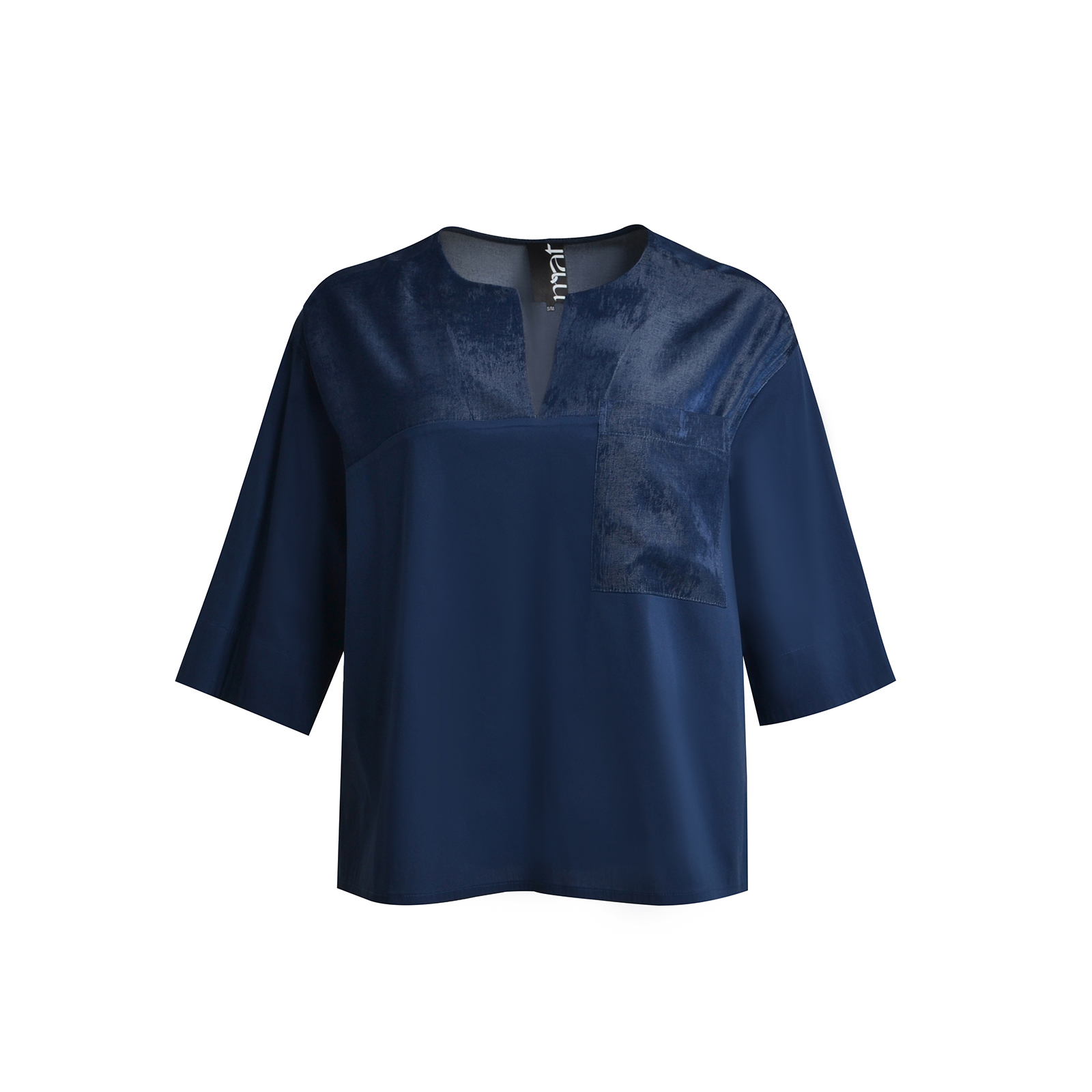 Short-sleeve top with combination of fabrics & chest pocket