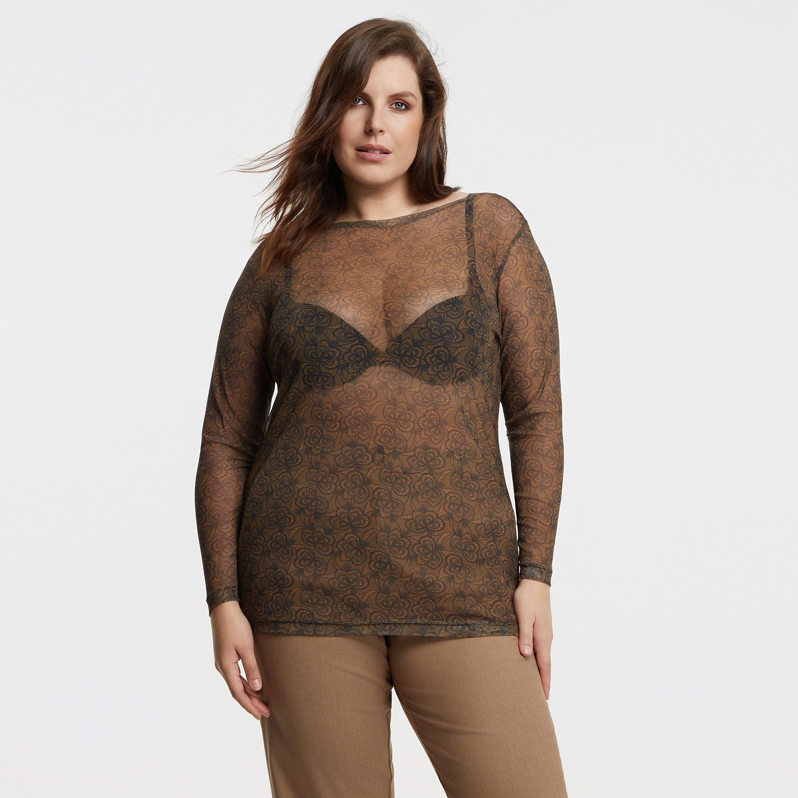 Printed mesh long sleeve top