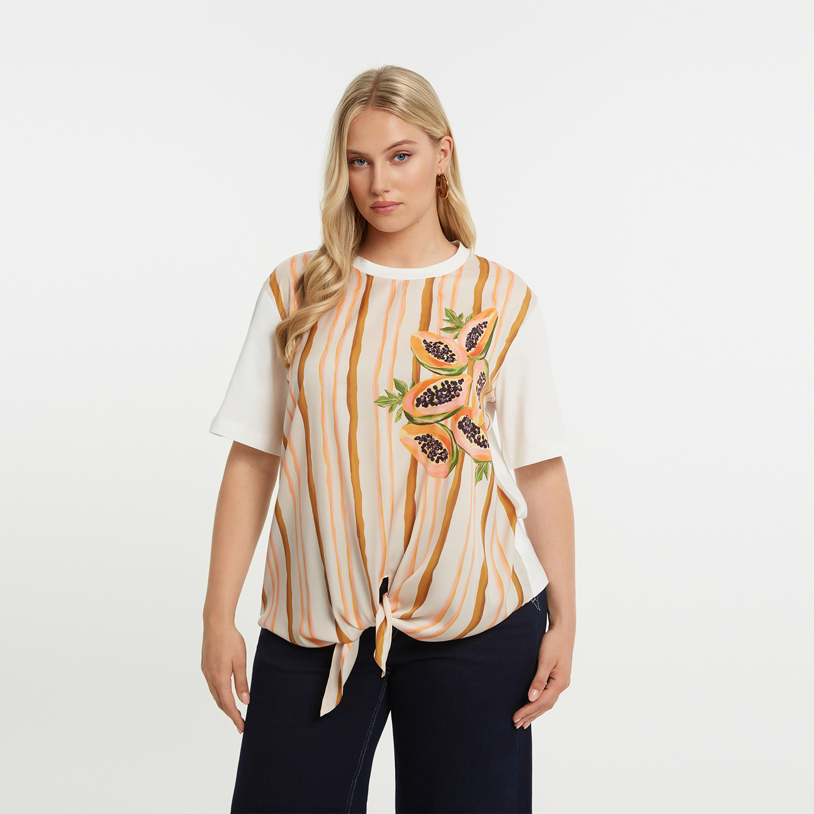 Βαμβακερό t-shirt με papaya print & δέσιμο μπροστά