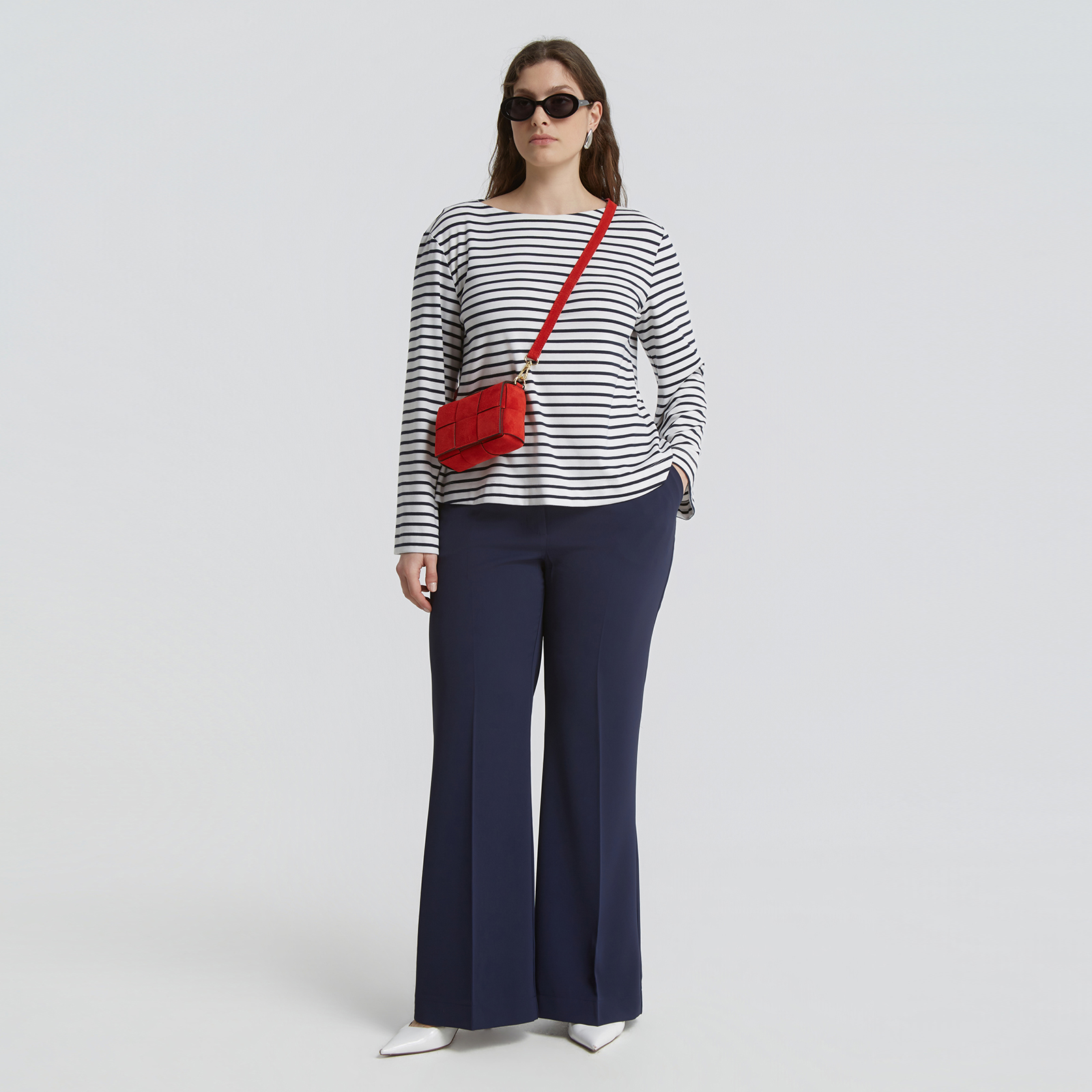 Striped boat neck blouse with flared sleeves