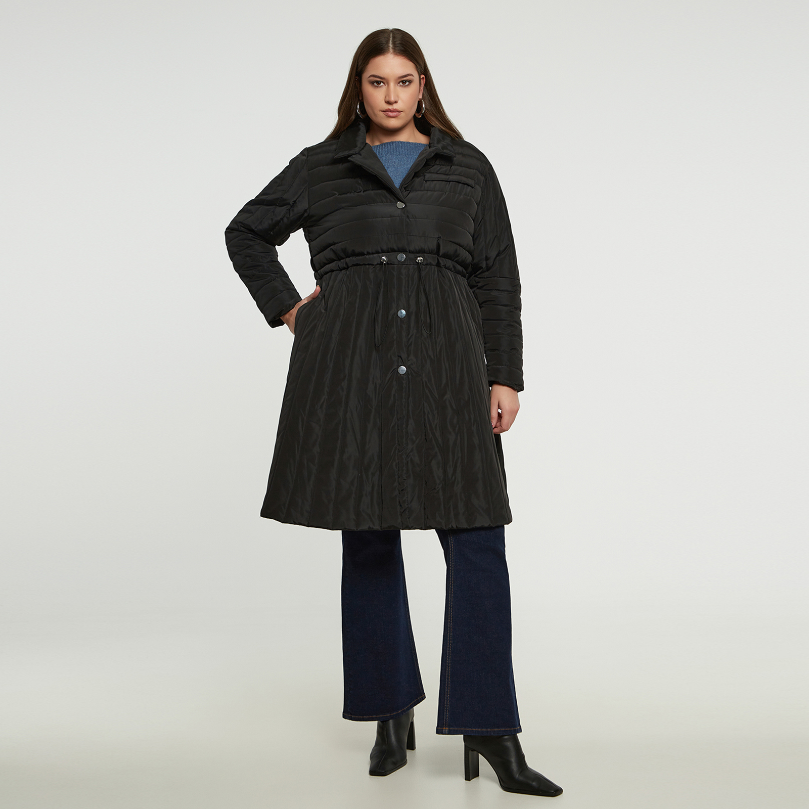 MAT FASHION Μακρύ καπιτονέ μπουφάν με δέσιμο στη μέση