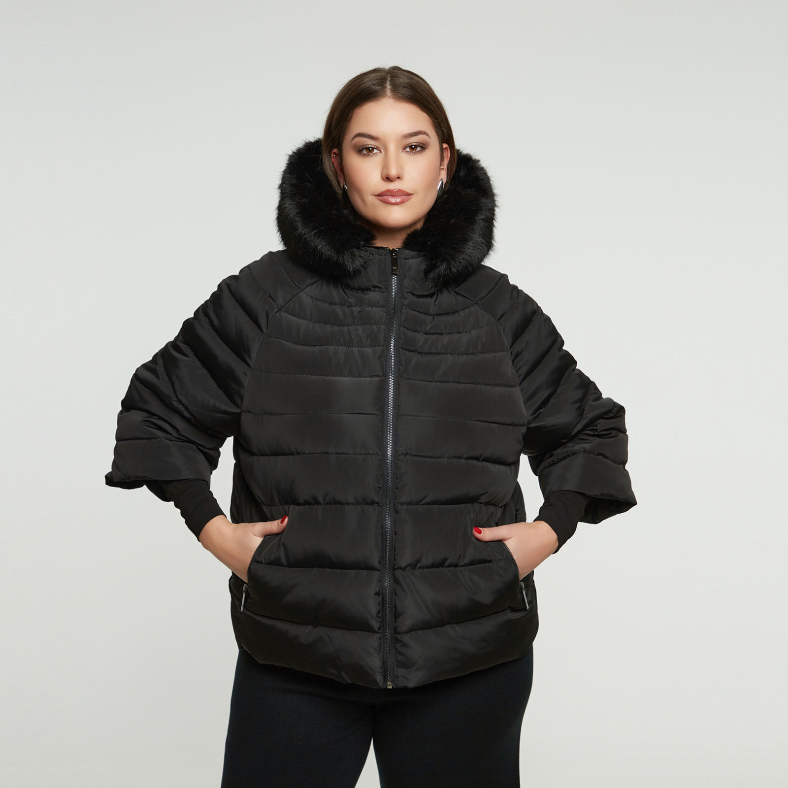 MAT FASHION Cropped μπουφάν με αποσπώμενη faux fur λεπτομέρεια στην κουκούλα