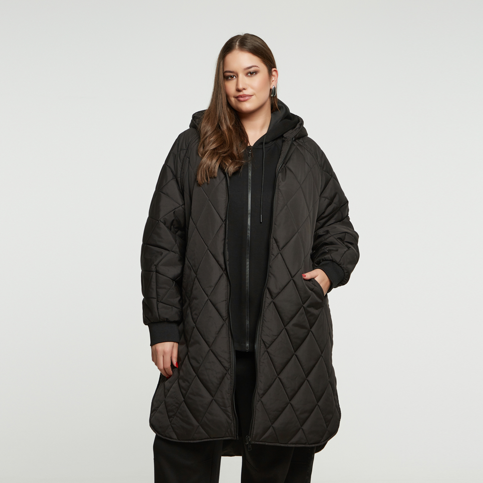 MAT FASHION Μακρύ καπιτονέ μπουφάν με κουκούλα