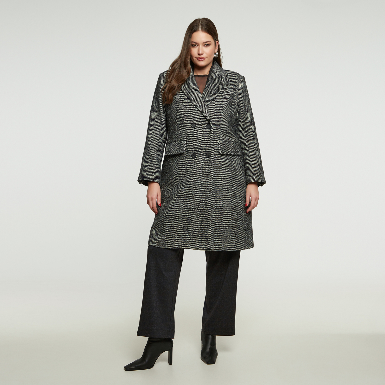 MAT FASHION Παλτό με μοτίβο ψαροκόκαλο και διπλό κούμπωμα