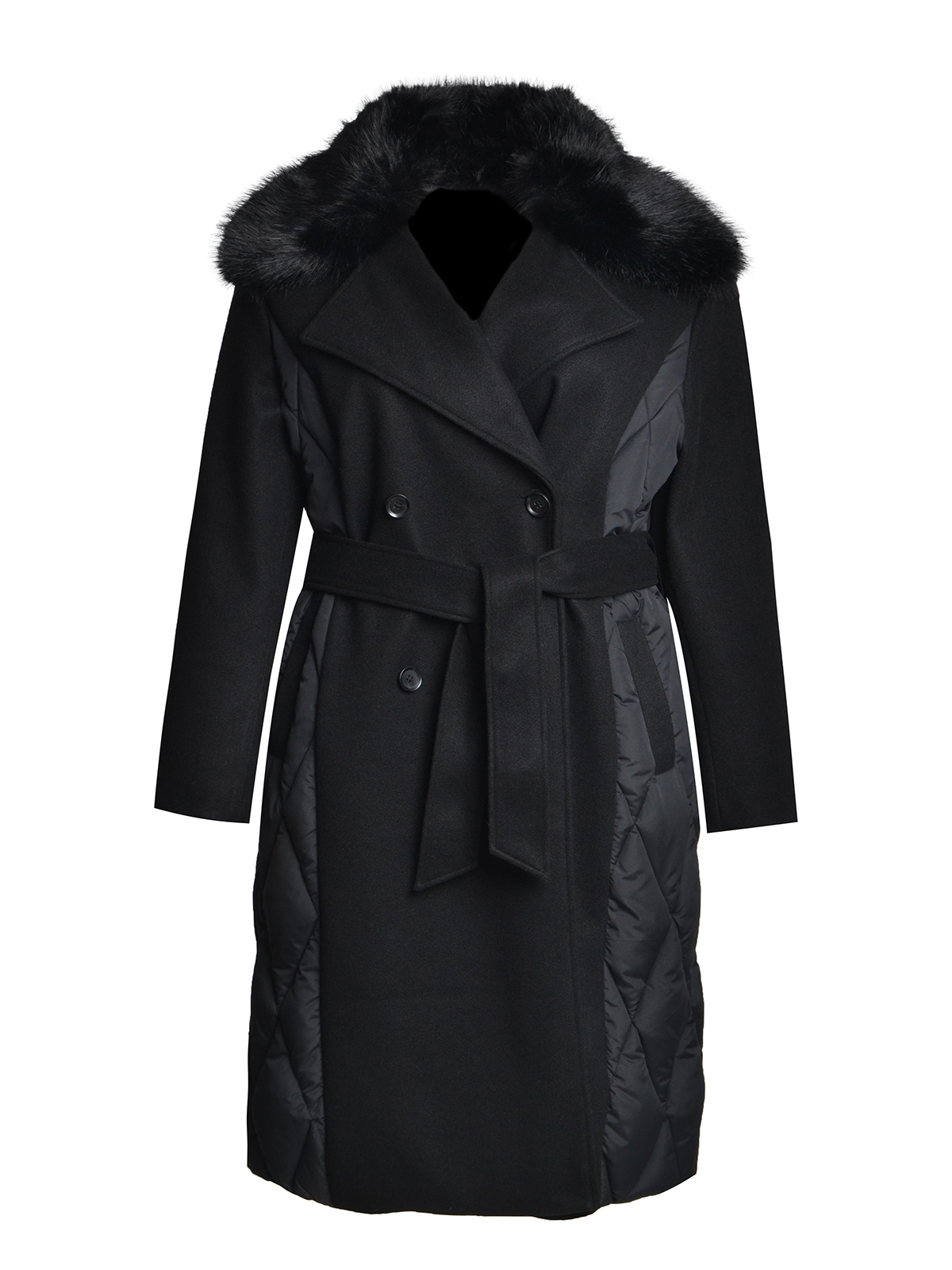 Μακρύ καπιτονέ παλτό με faux fur γιακά & ζώνη φωτογραφία