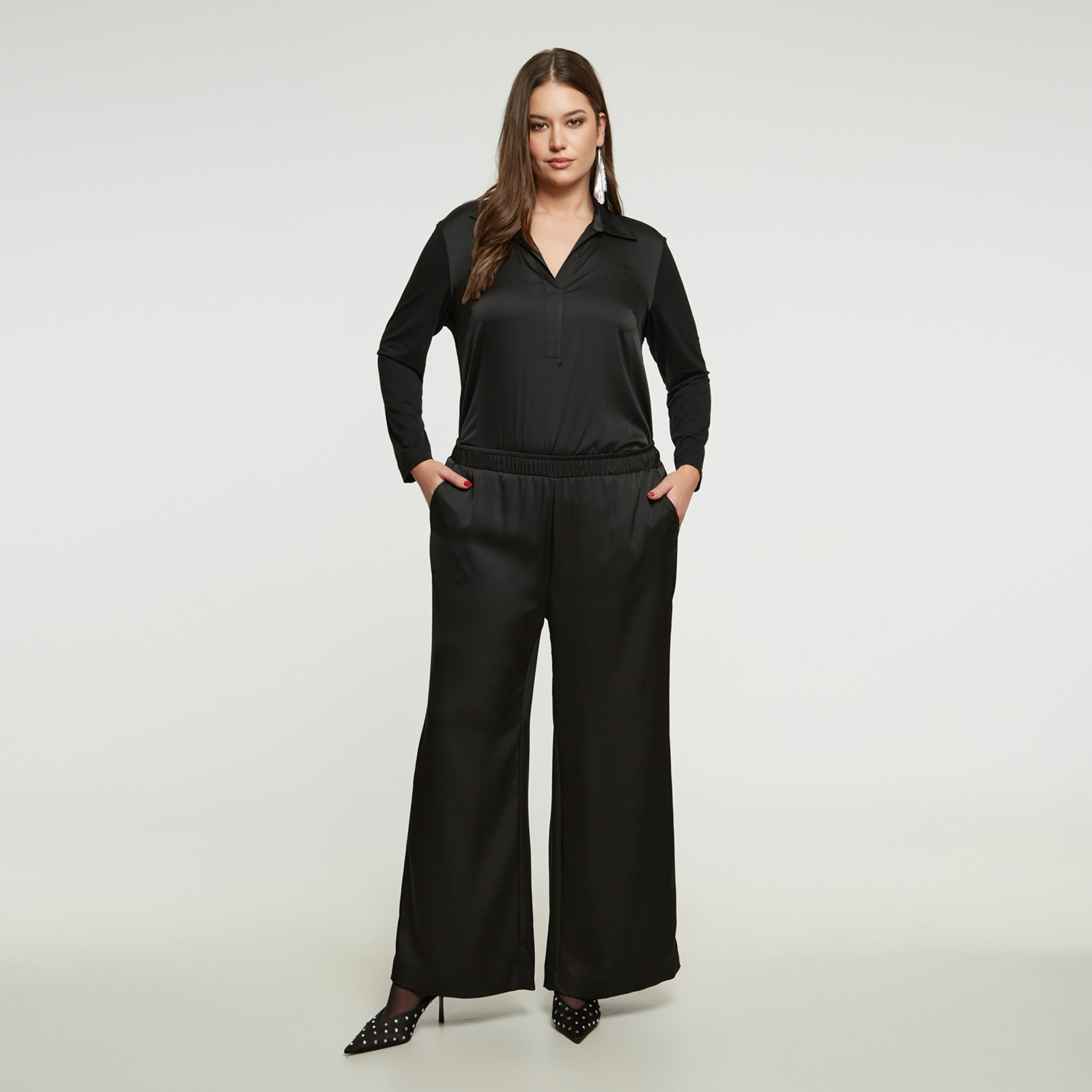 MAT FASHION Μαύρη σατέν παντελόνα με ελαστική μέση