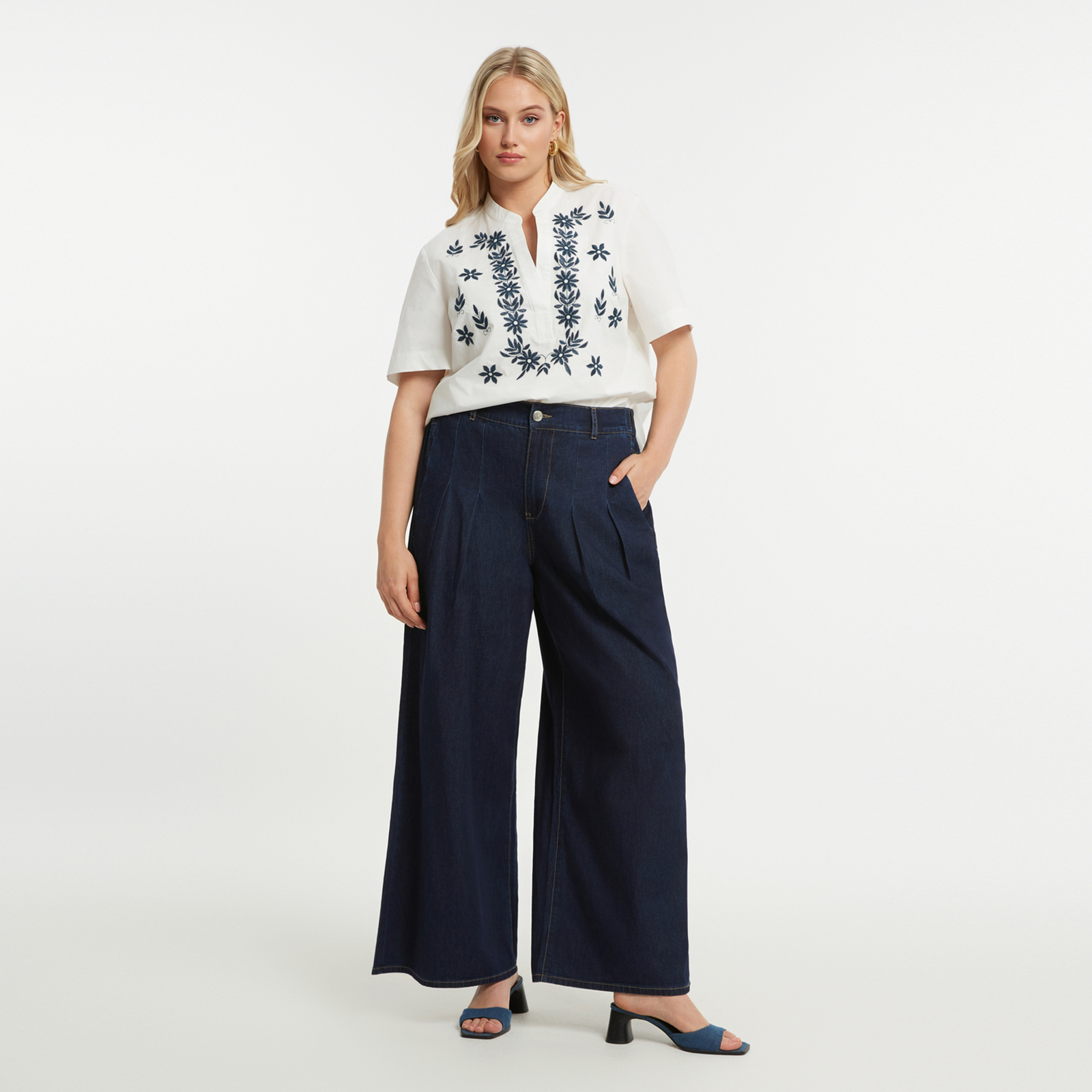 Cotton denim wide-leg pants