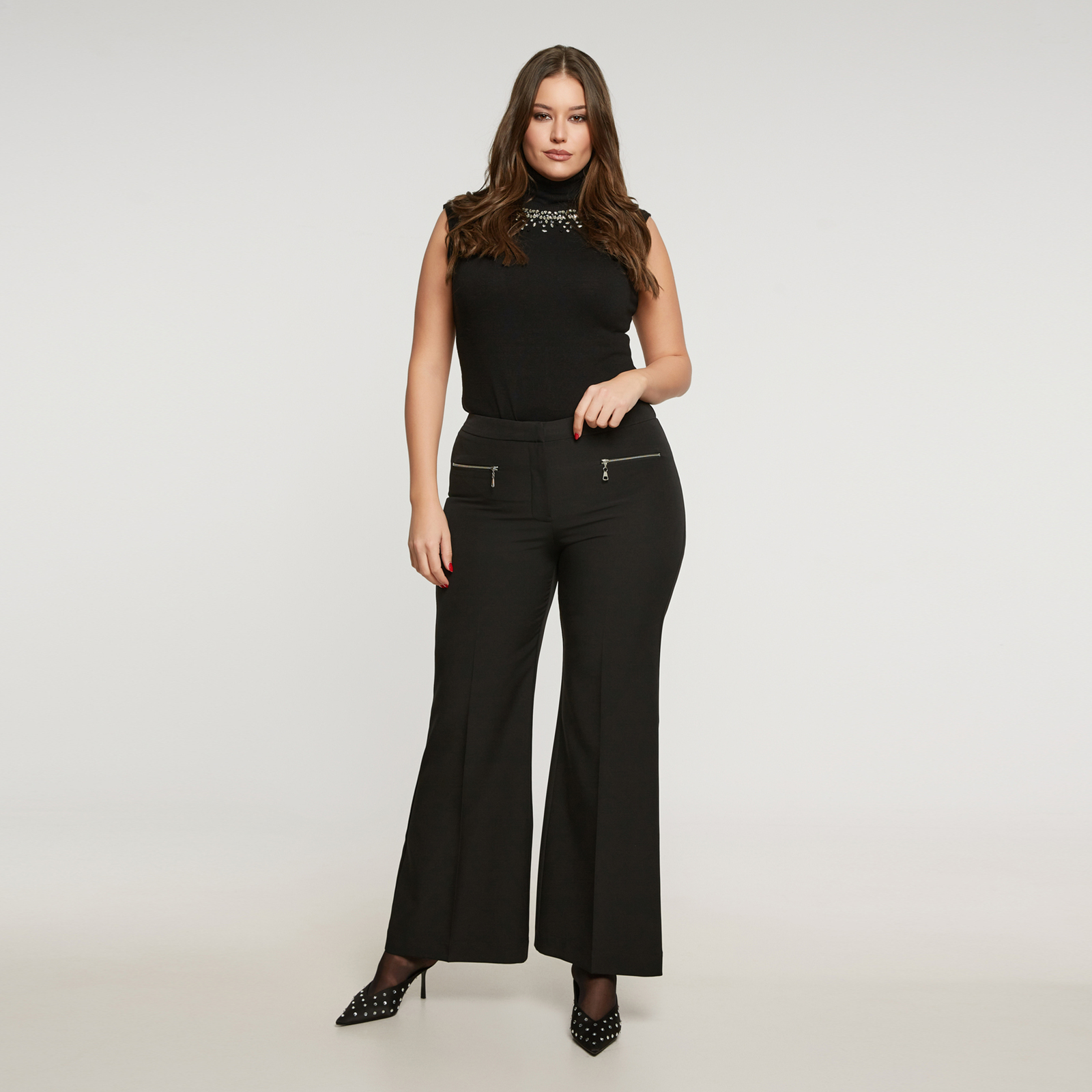 MAT FASHION Μαύρο παντελόνι καμπάνα με φερμουάρ στα πλαϊνά