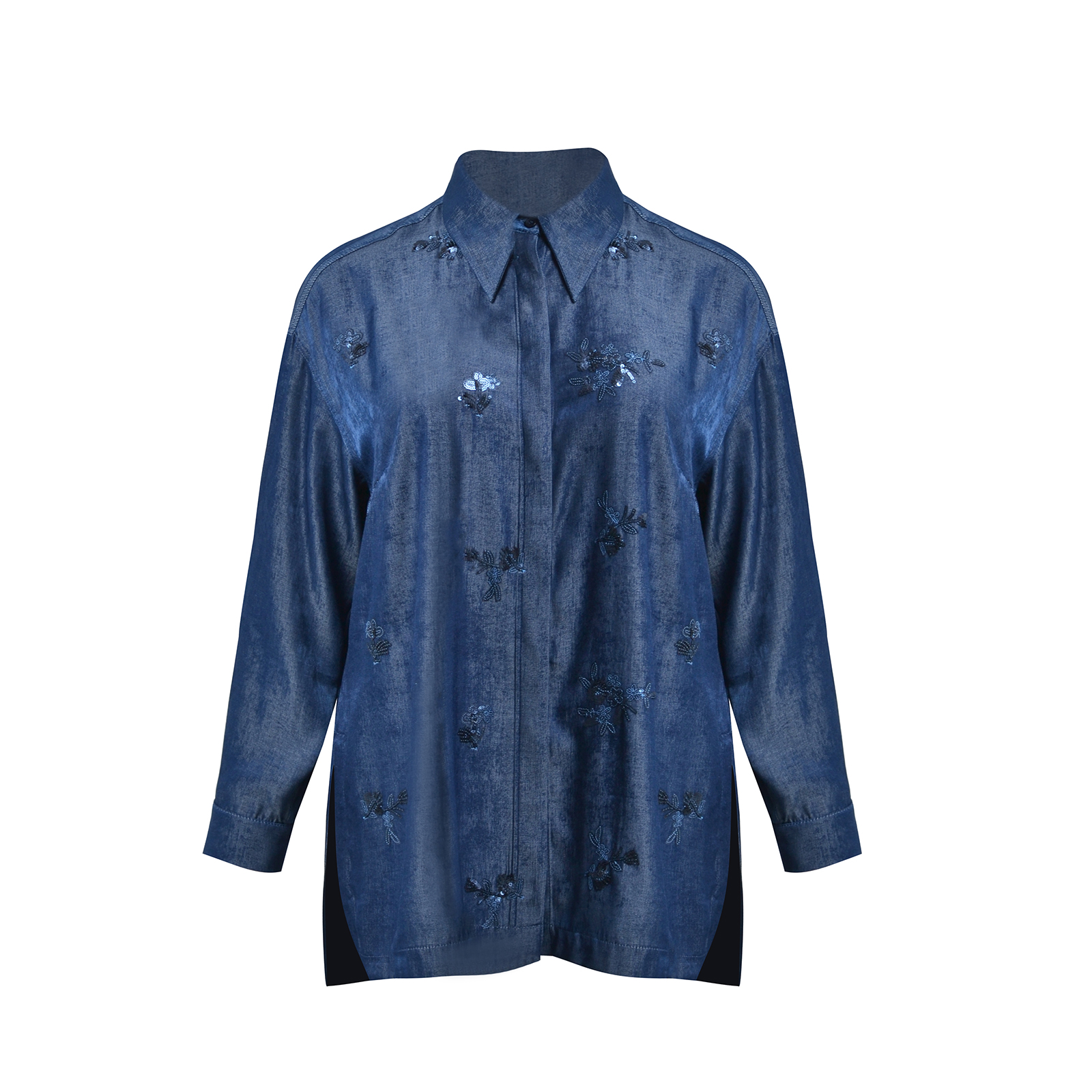 Denim shirt with sequin embroidery