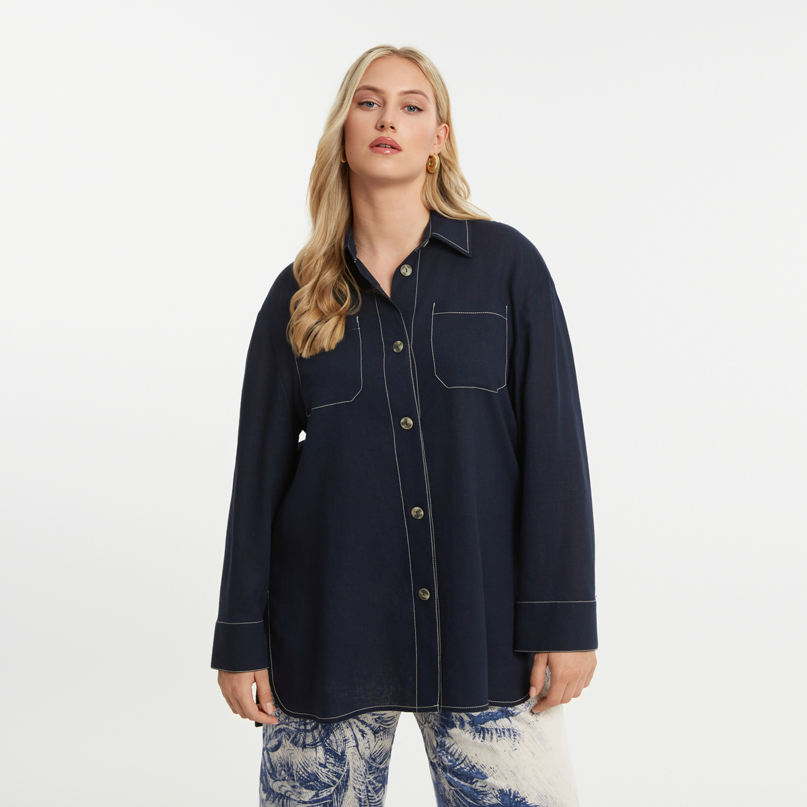 Viscose-linen long-sleeve shirt with chest pockets