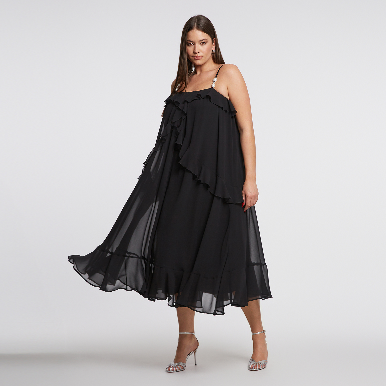 MAT FASHION Maxi φόρεμα με βολάν και τιράντες με πέρλες