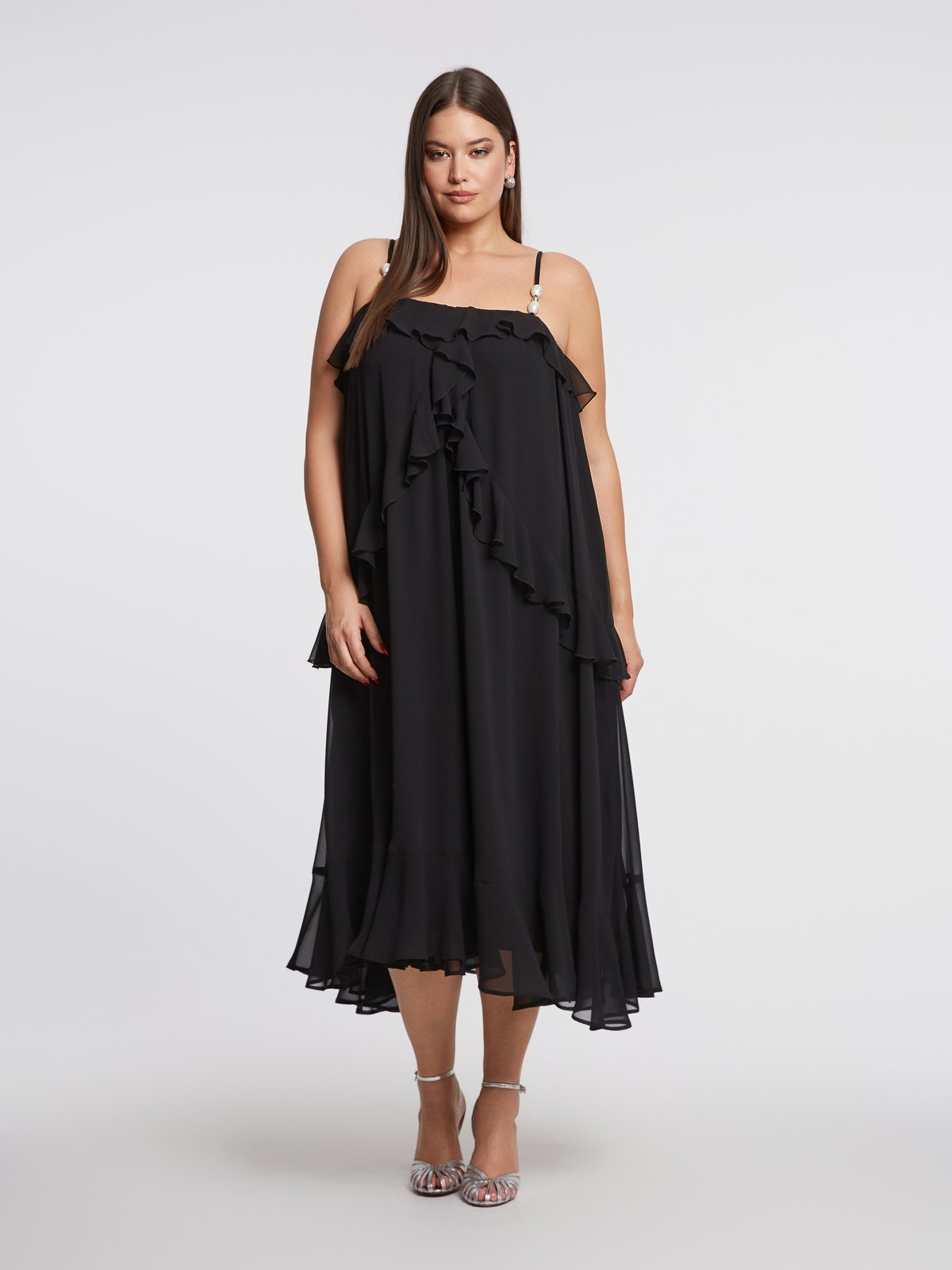 Maxi φόρεμα με βολάν και τιράντες με πέρλες φωτογραφία