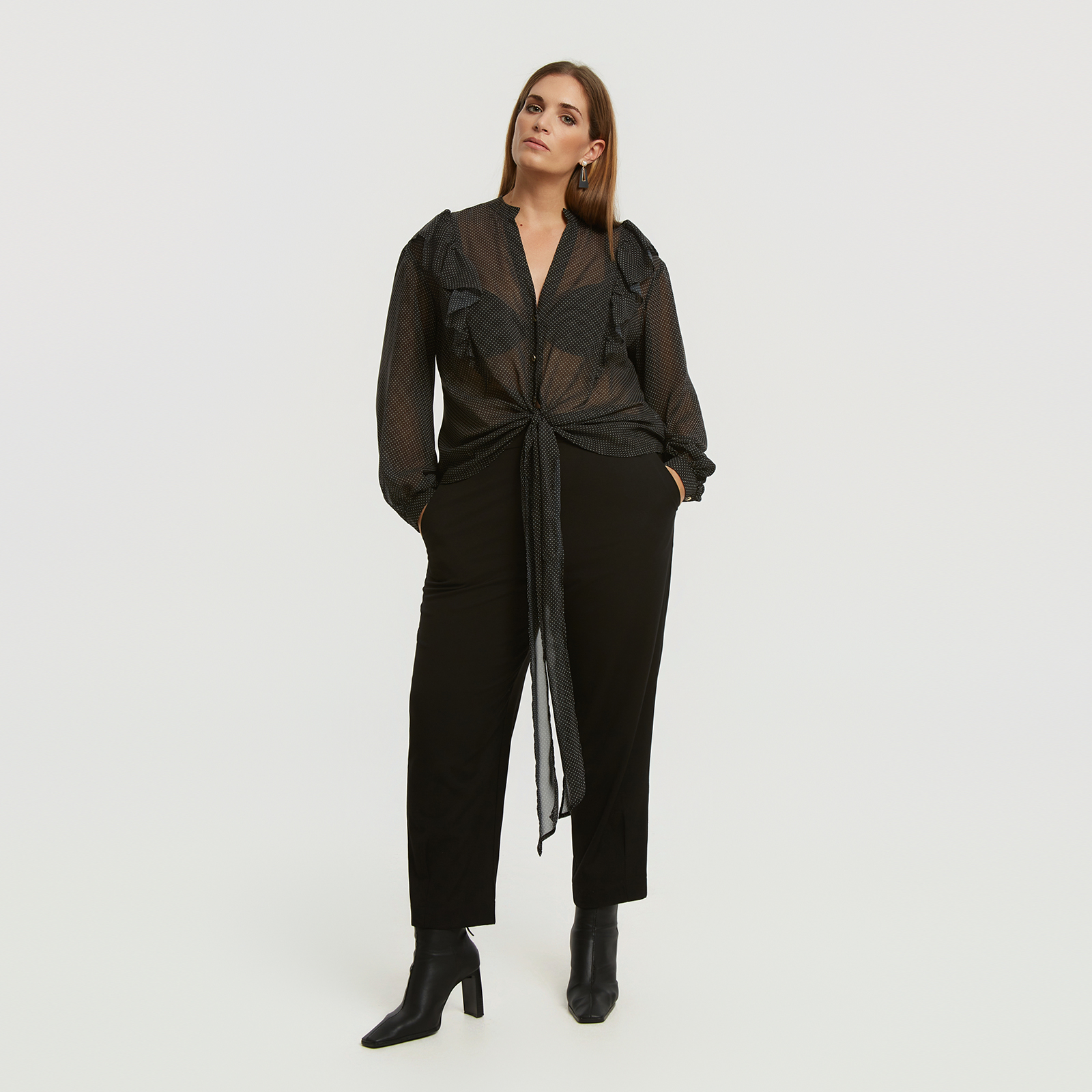 Ruffled polka-dot shirt with tie front