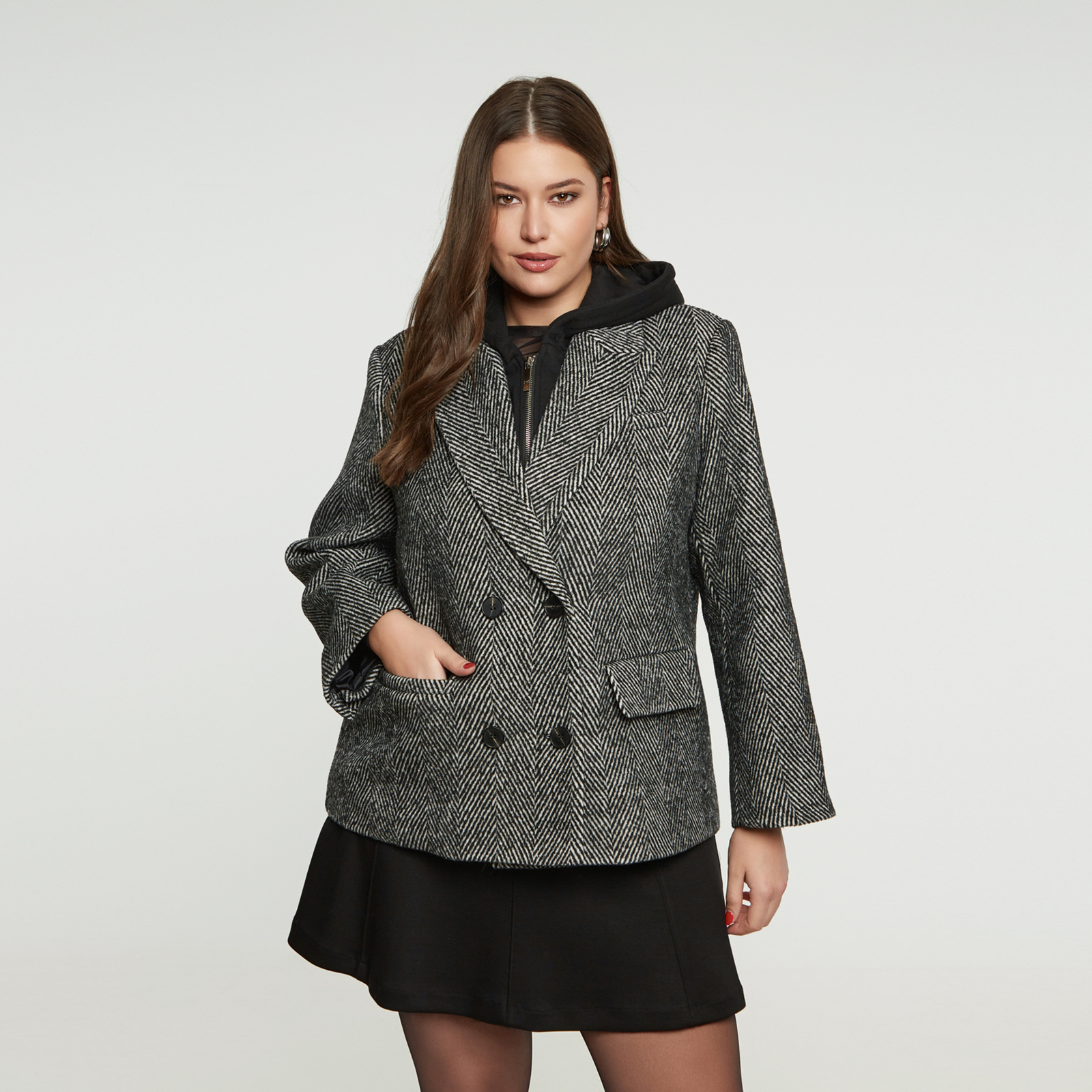 MAT FASHION Σακάκι με μοτίβο ψαροκόκαλο και αποσπώμενη κουκούλα